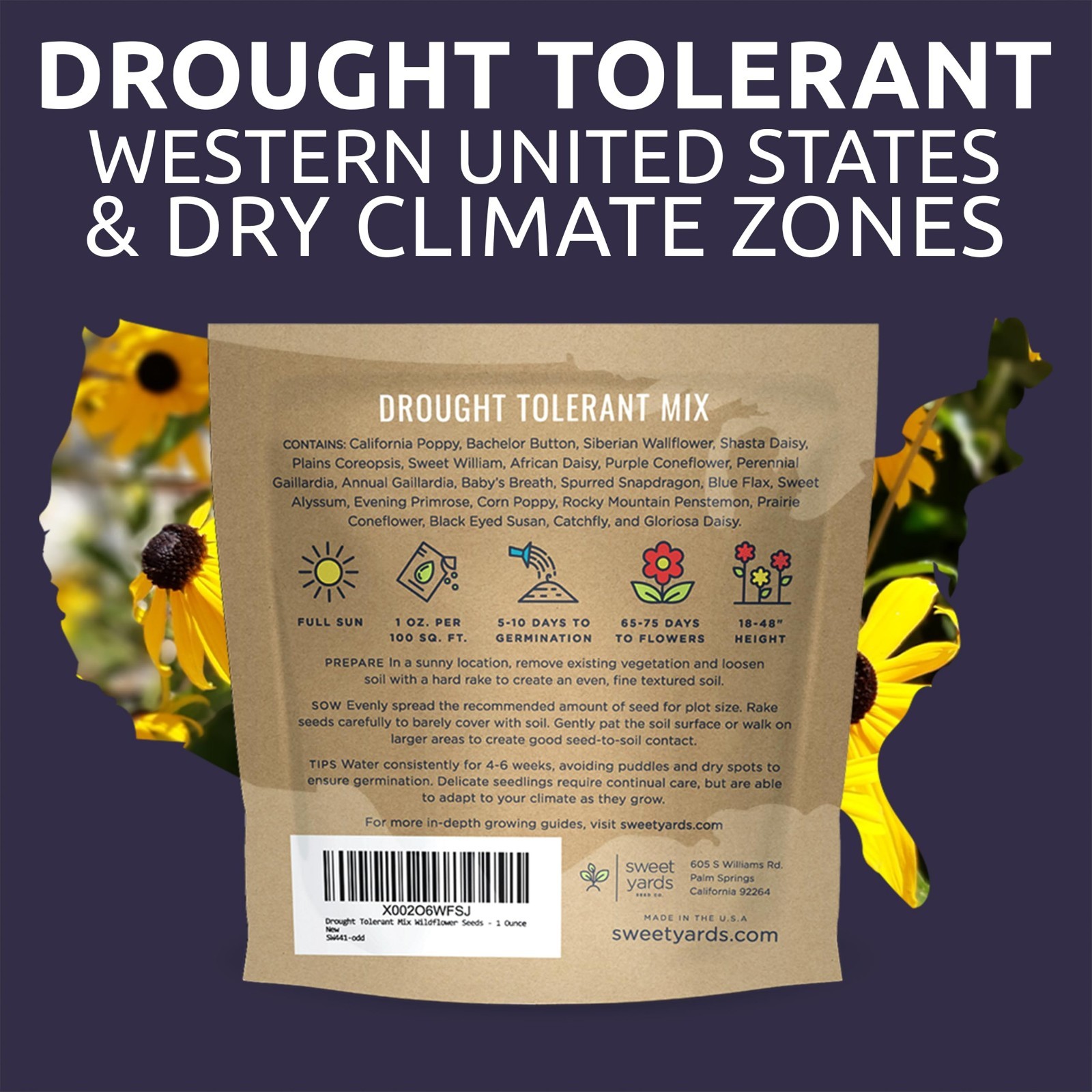 Drought Tolerant Wildflower Seed Mix – 7500+ Non-GMO Seeds, 21 Dryland Varieties