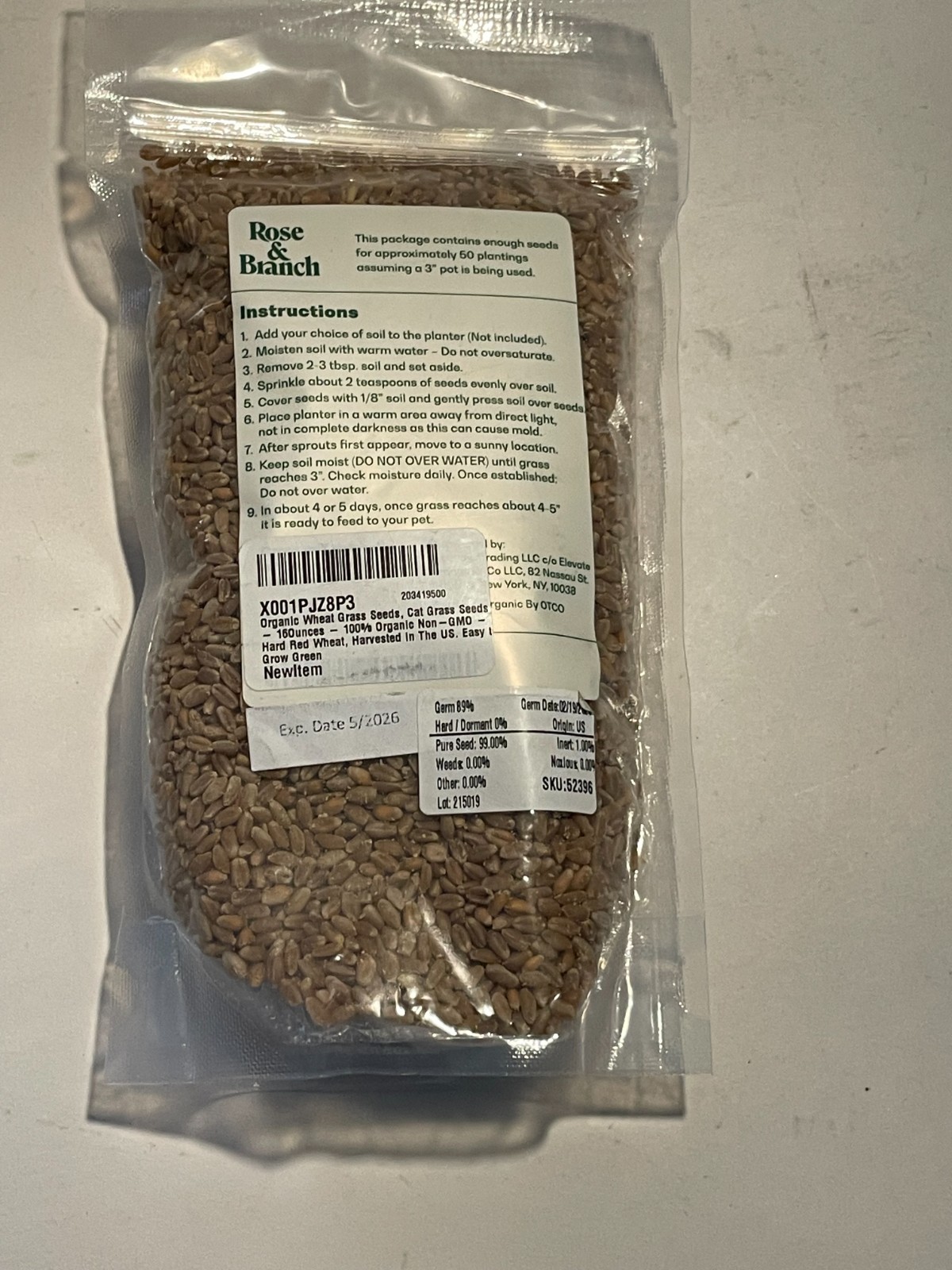 Rose & Branch Organic Wheat Grass Seeds cats Non-GMO High Germination Brown 1 LB