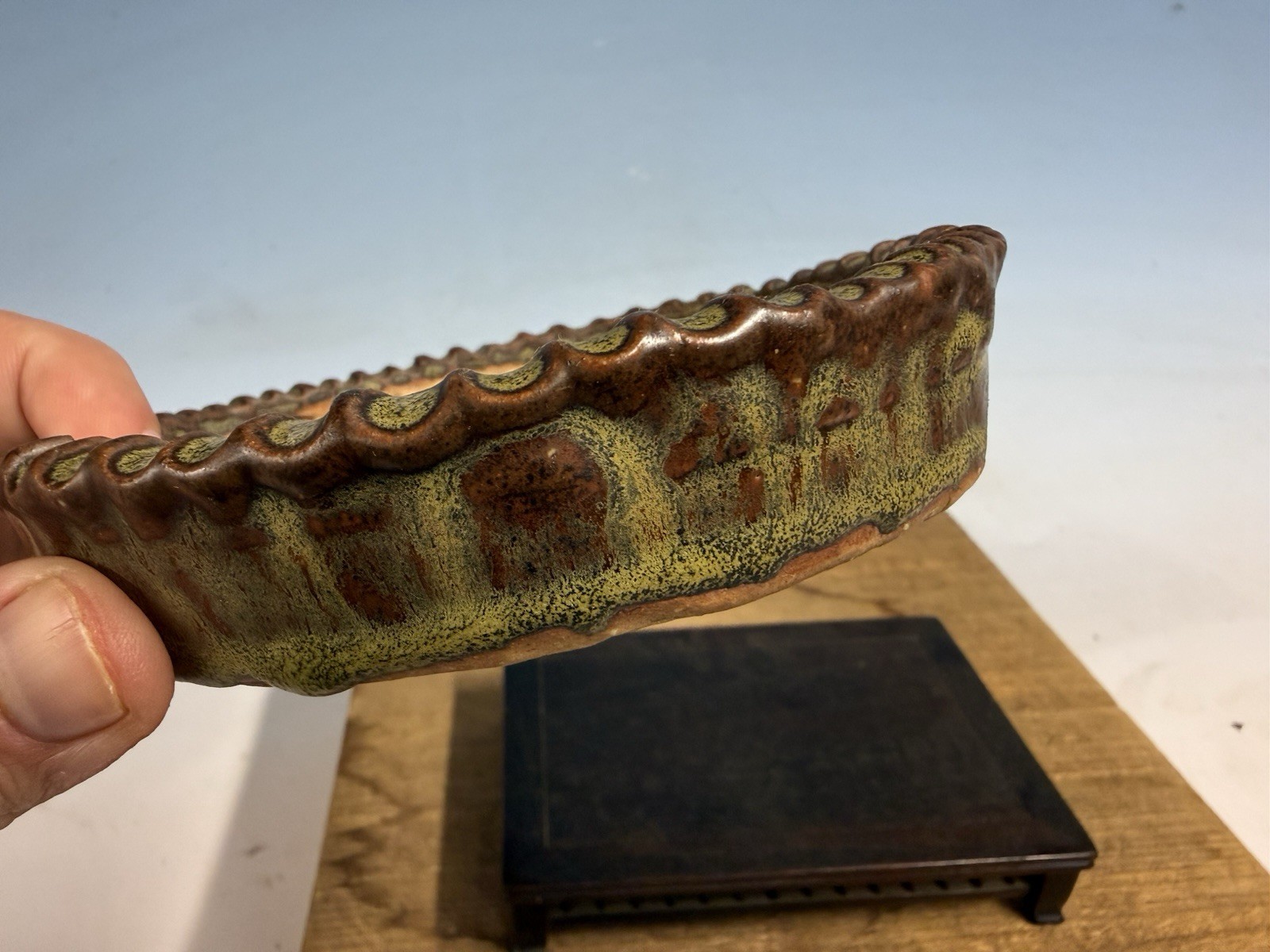 Japanese Unknown Maker Shohin Bonsai Tree Pot 5 1/4 By 1 1/8” Unique Glazed!