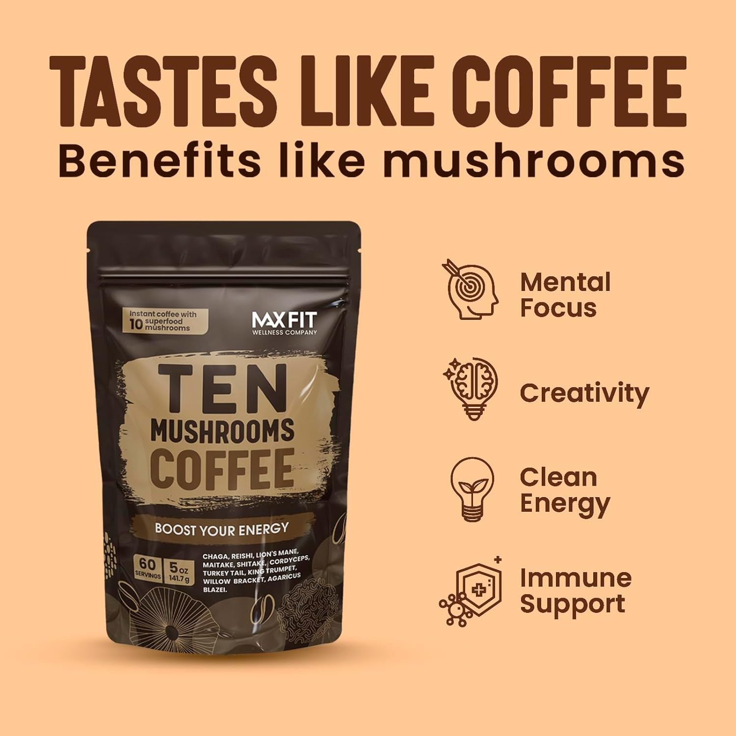 Mushroom Coffee (60 Servings) 10 Mushrooms (Lion’s Mane, Cordyceps, Turkey…