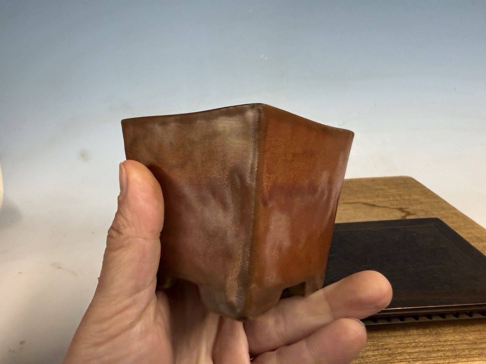 Japanese Unknown Maker Shohin Sized Bonsai Tree Pot 3 1/4 By 3” Red Glazed Semi