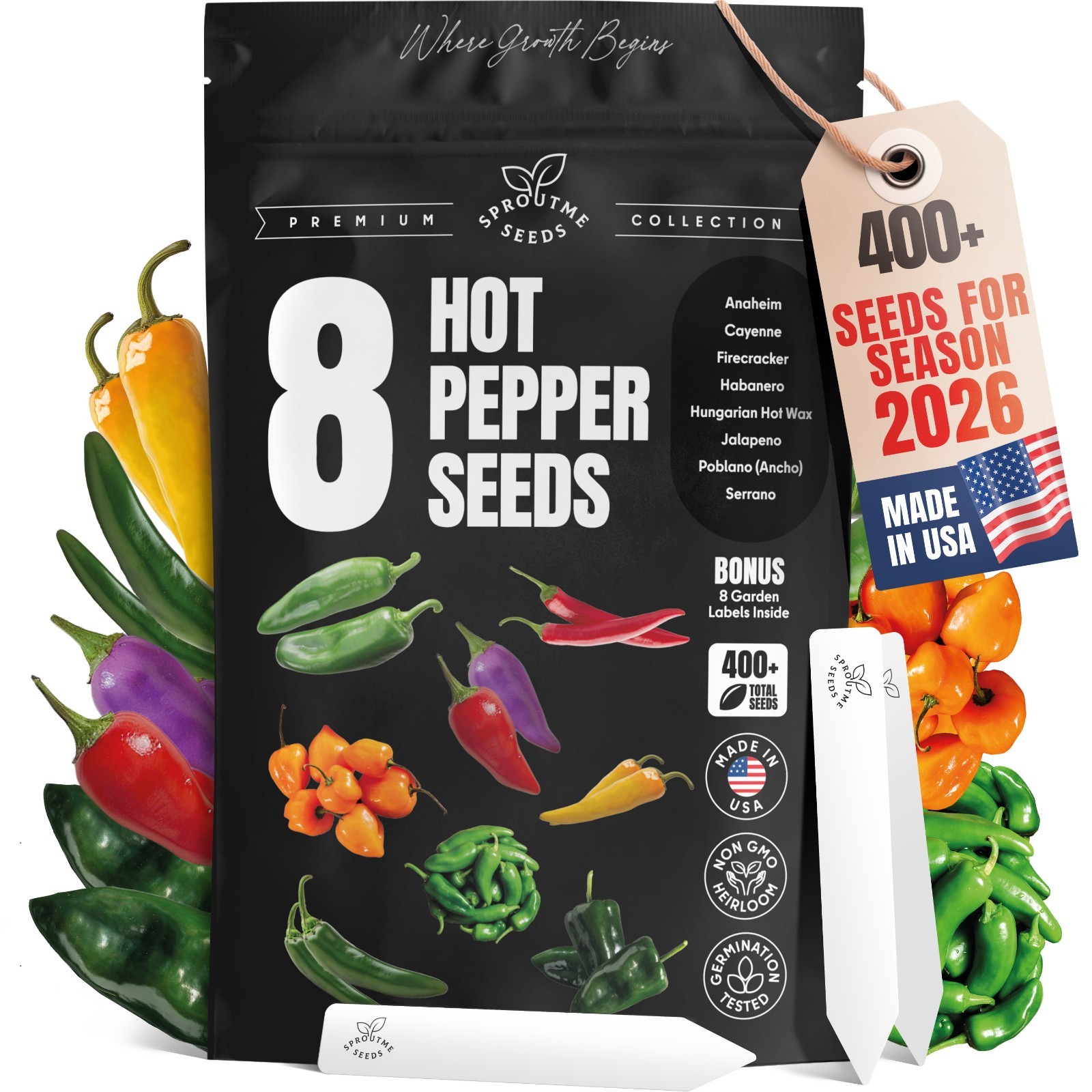 8 Hot Pepper Seeds Variety Pack – Mixed Heat Garden Collection, Heirloom Non-GMO