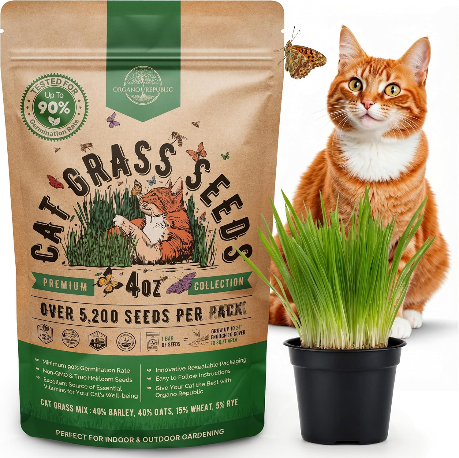 Cat Grass Seeds Mix – 5,200 Non-Gmo Heirloom Seeds for Cats & Pets, 4 Oz Pack fo