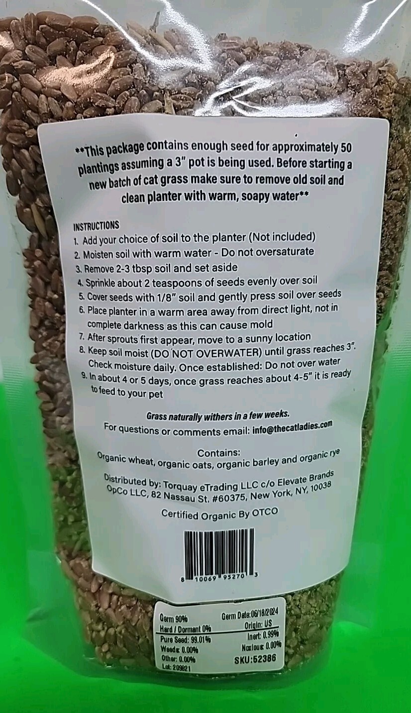 The Cat Ladies 100% Organic Cat 16oz Grass Seed Non GMO
