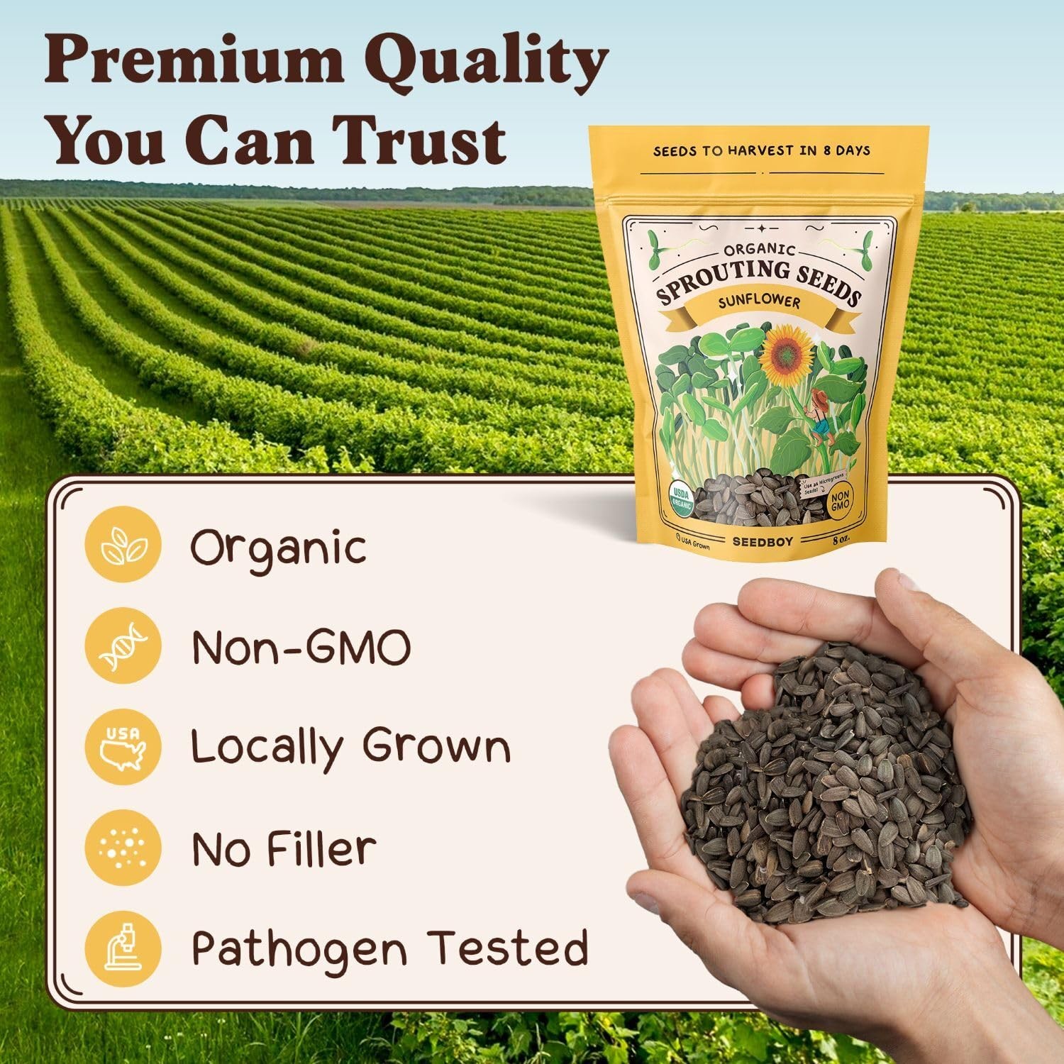 Organic Sunflower Sprouting Seeds Mix – Non-GMO, Grows 5 Quarts of Microgreens