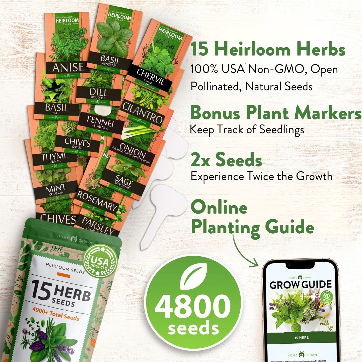 HOME GROWN 15 Culinary Herb Seeds Heirloom & Non GMO High Germination Rate Basil
