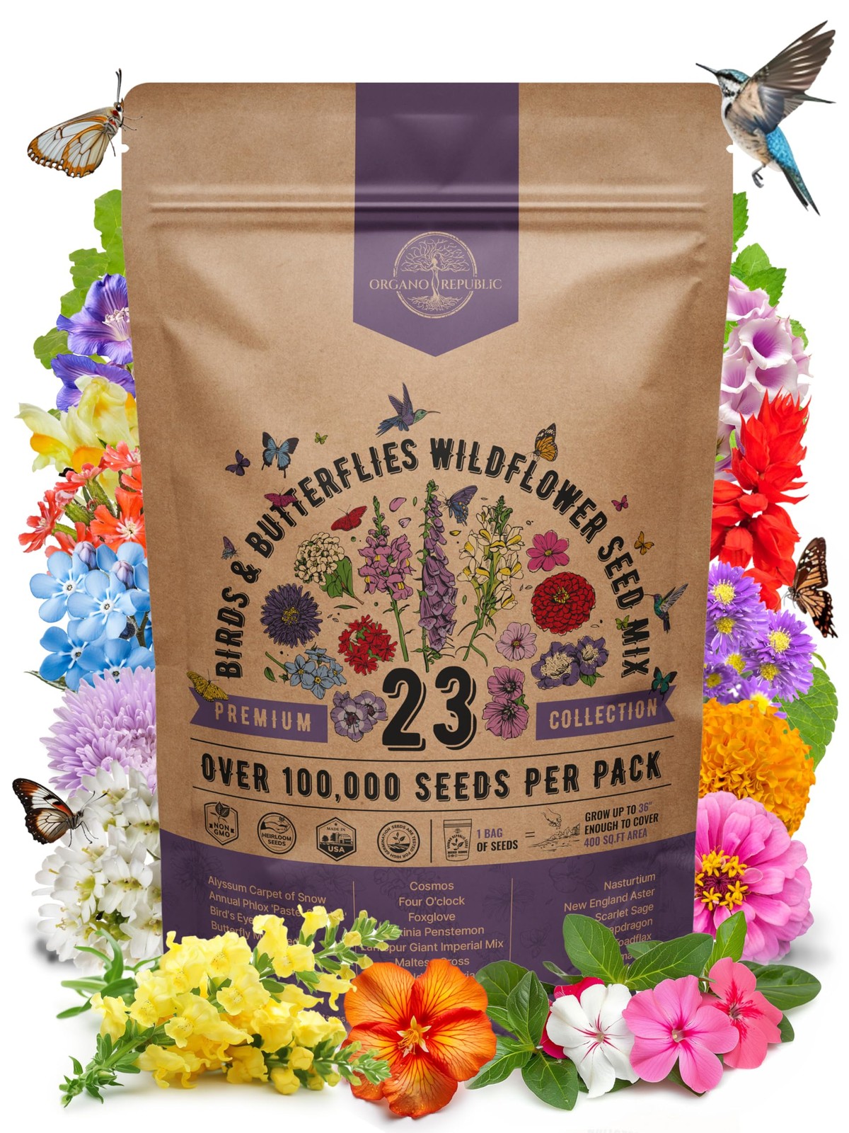 Organo 23 Birds & Butterflies Wildflower Mix 4 oz, Red, Orange, Purple, Pink
