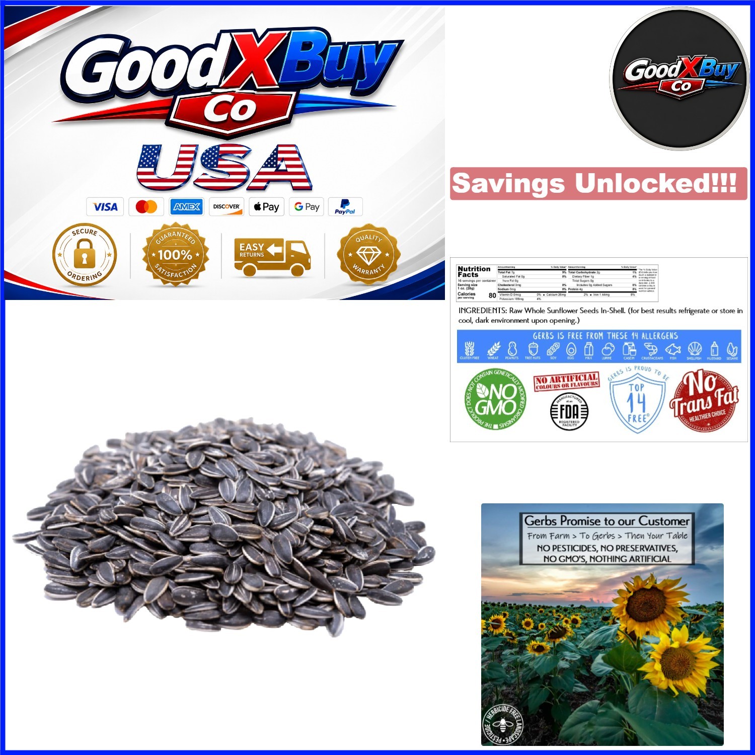 Allergen-Free Raw Whole Sunflower Seeds 1lb in Resealable Bag No Additives