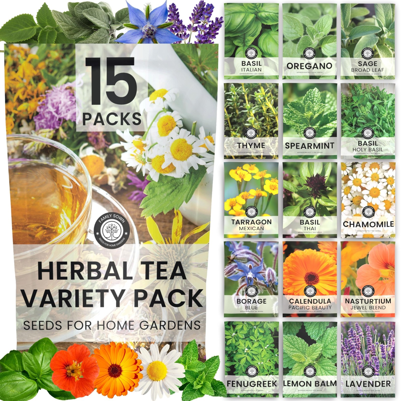 Herbal Tea Garden Seeds | 15 Individual Packs | 2026 Season | Non-GMO |…