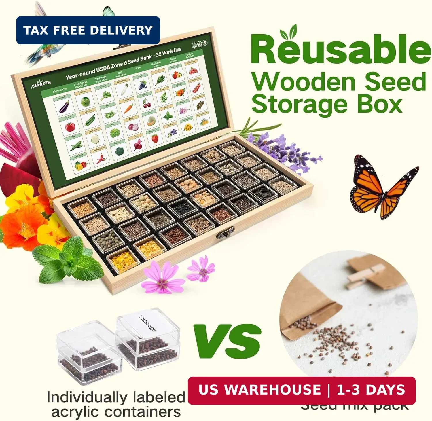 Lush&Dew Year-Round USDA Zone 6 Heirloom Survival Seed Kit, 32 Varieties 30,000+