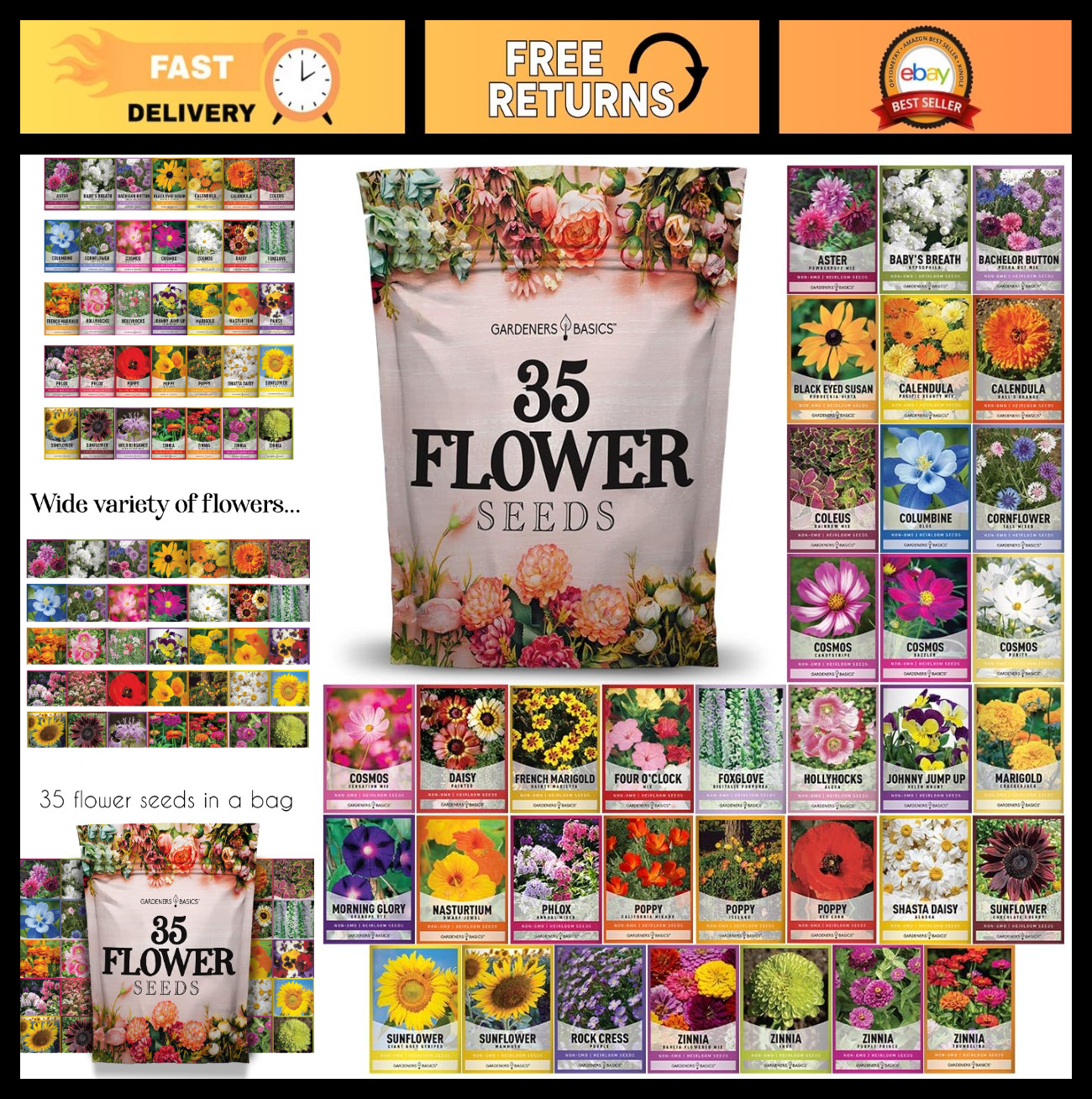 Flower Seeds Packets – 35 Varieties Perennial, Annual & Wildflower Seeds for Bee