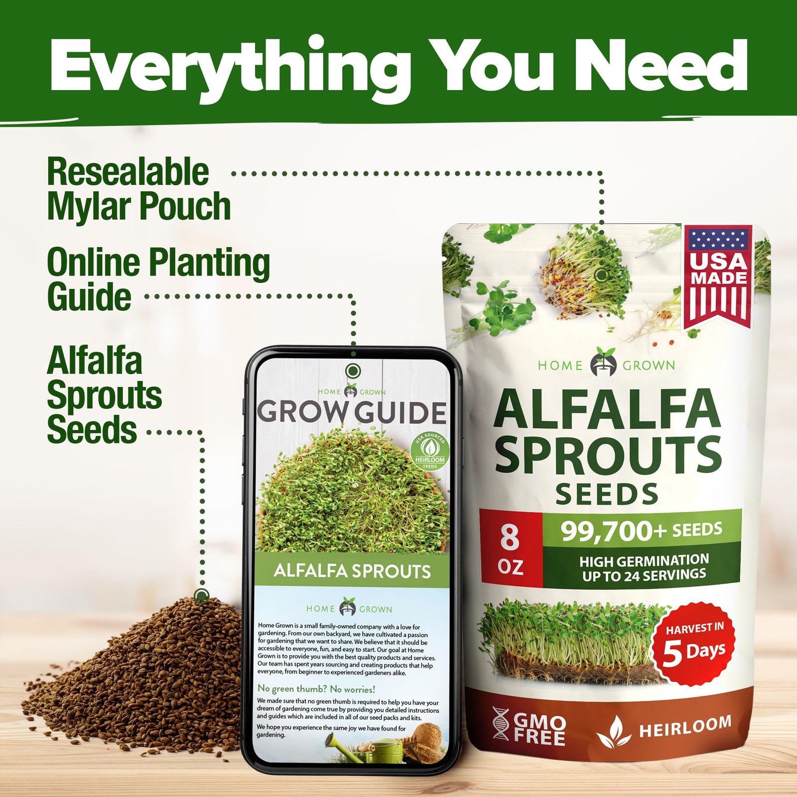 HOME GROWN Alfalfa Sprout Seeds 8 oz Bulk Heirloom Non-GMO, USA 1-Pack, Green