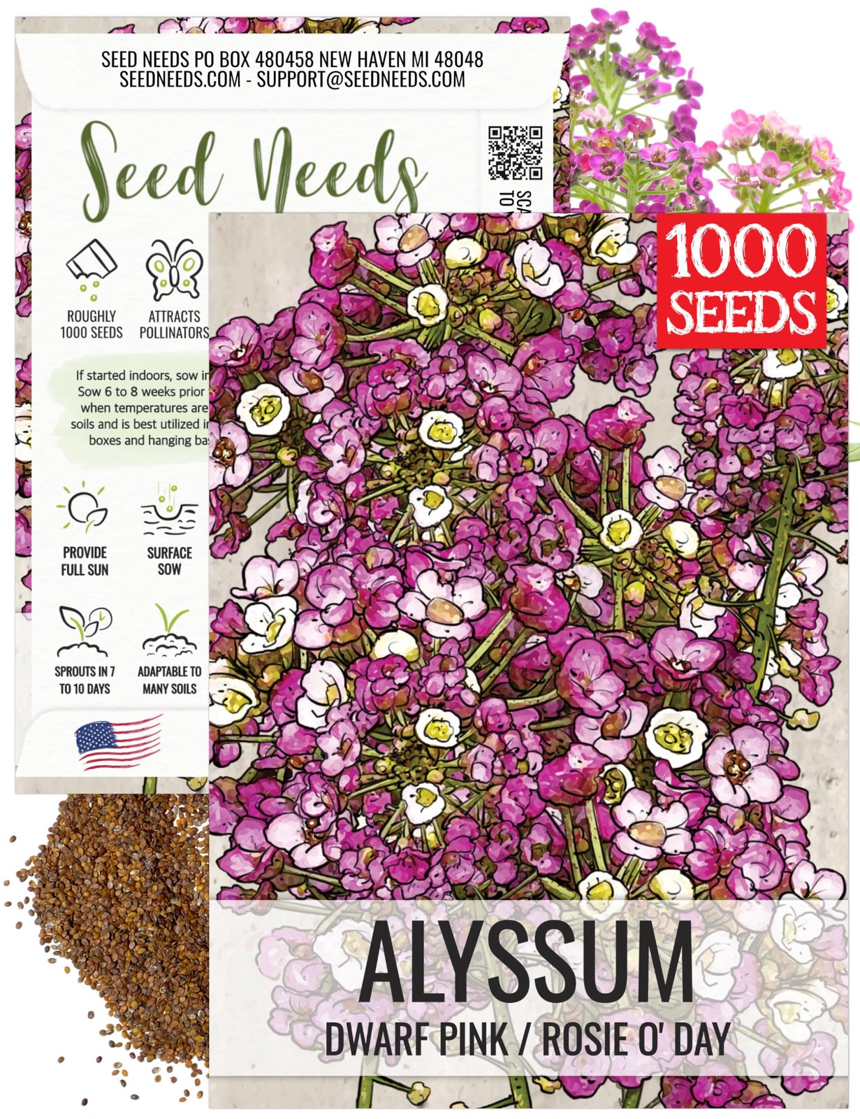 Dwarf Pink Alyssum Seeds to Plant Groundcover Flowers 1 Pack