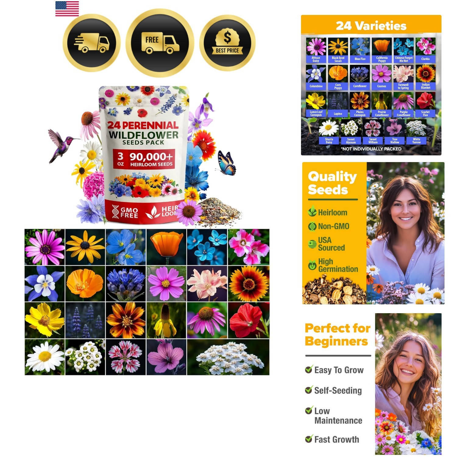 90,000+ Wildflower Seeds Mix 3oz 24 Varieties Non-GMO Perennial Flower Seeds …