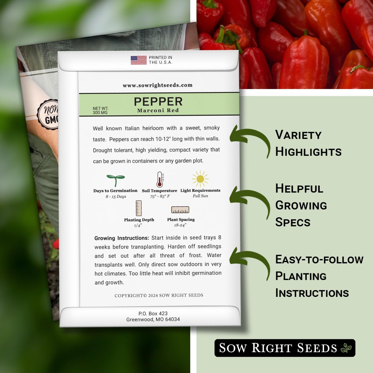 Marconi Red Pepper Seeds Non-GMO Heirloom Sweet Italian for Planting Garden