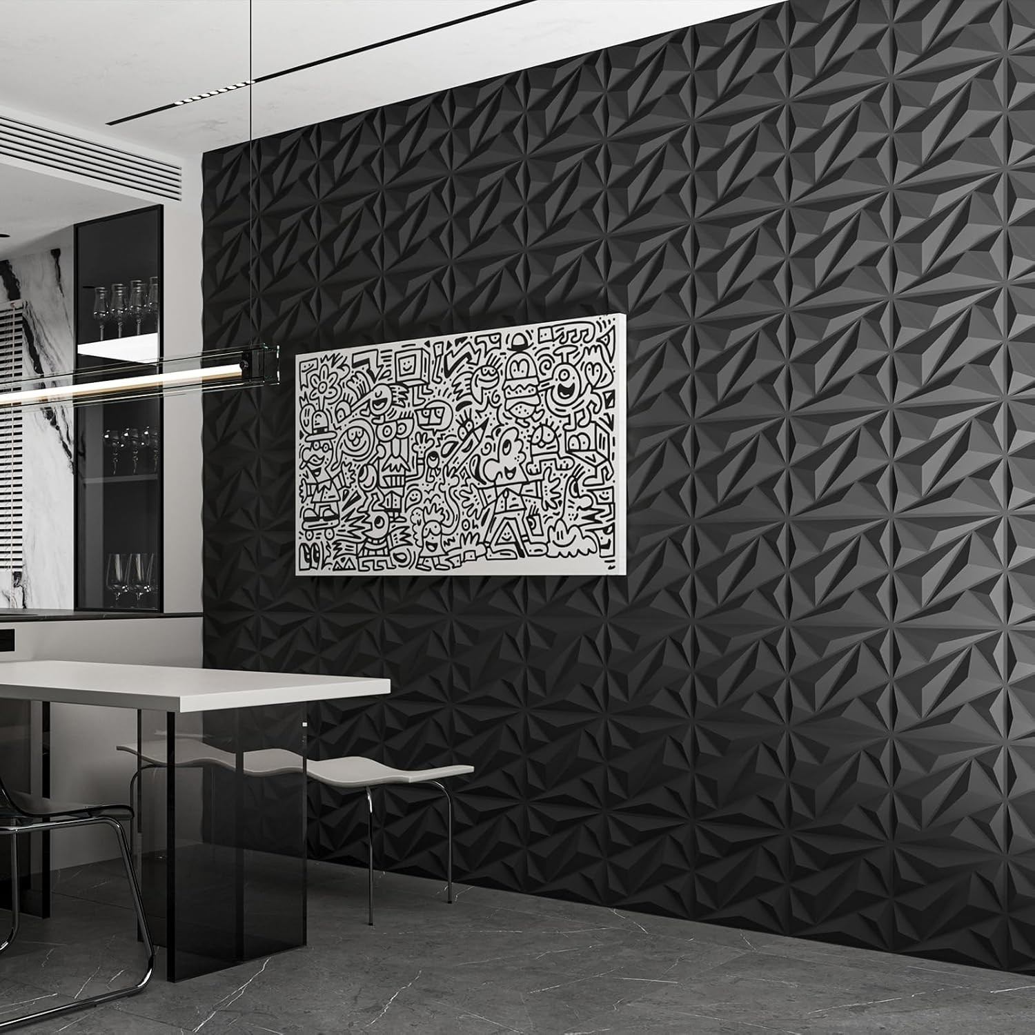 3D Wall Panels Diamond Textured 33 Pack Black 12×12 32 Sq Ft