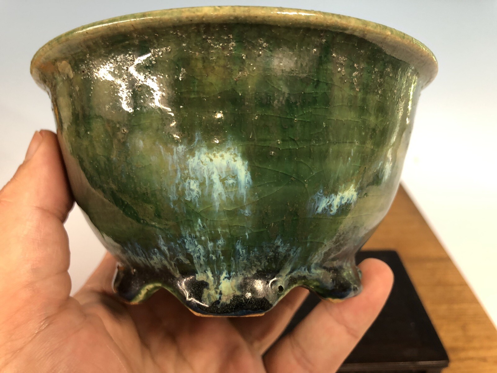 Green Blue Round Glazed Shohin Size Bonsai Tree Pot Fugushige Bushuan 5”