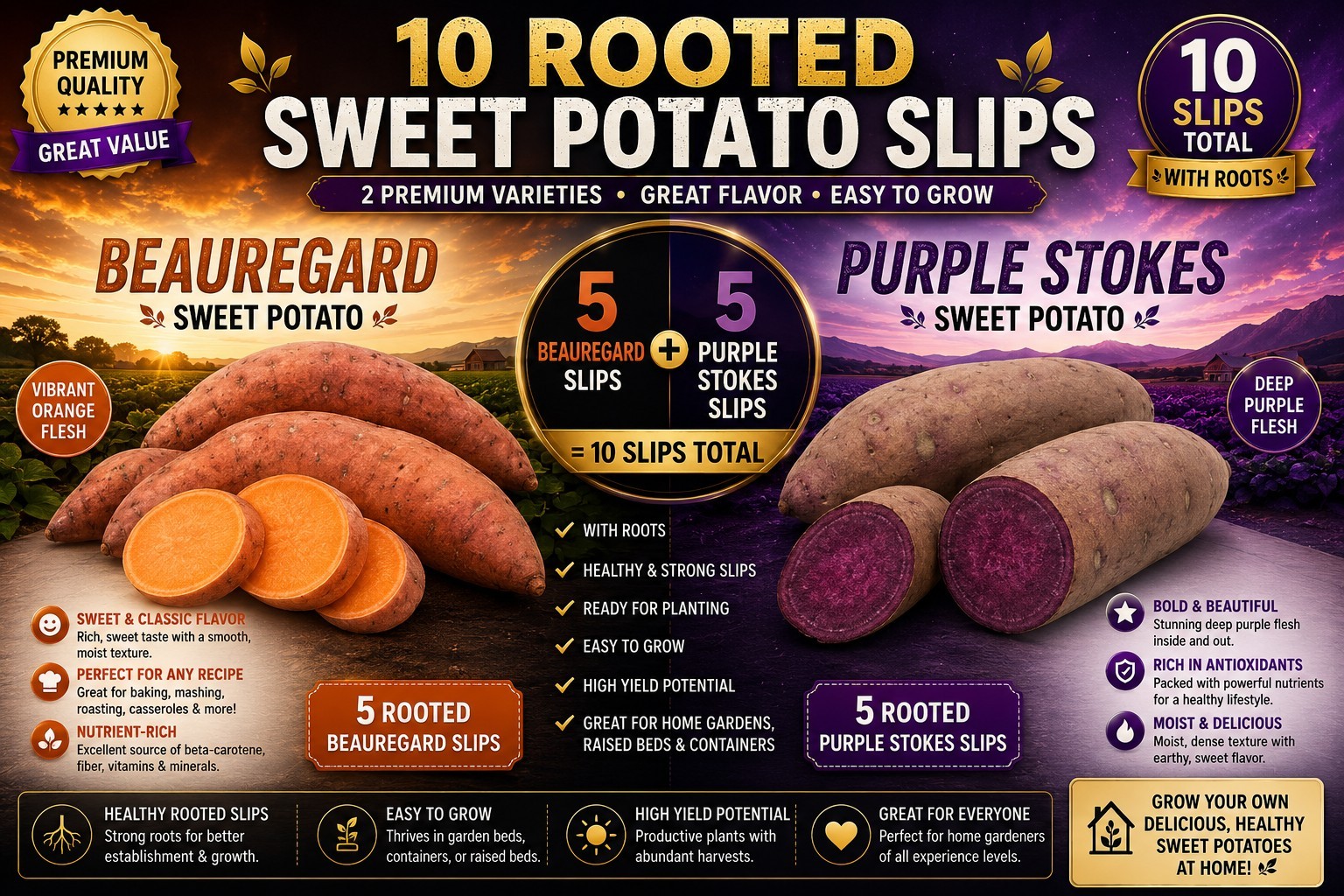 10 Rooted Sweet Potato Slips Beauregard And Purple Stokes Rooted Plants