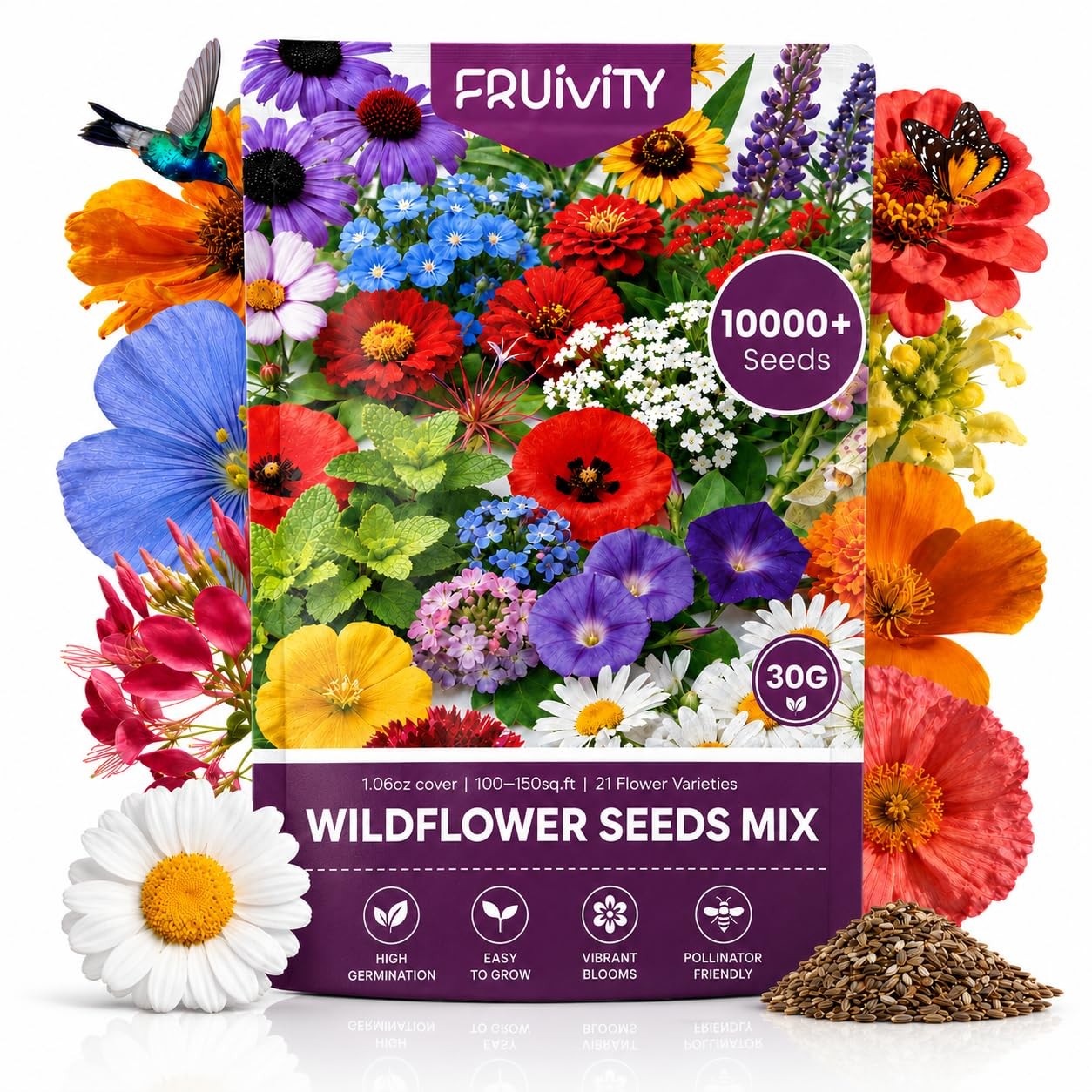 Wildflower Seeds Bulk 10000+, 1.06oz 21 Variety Perennial Mix, Multicolor