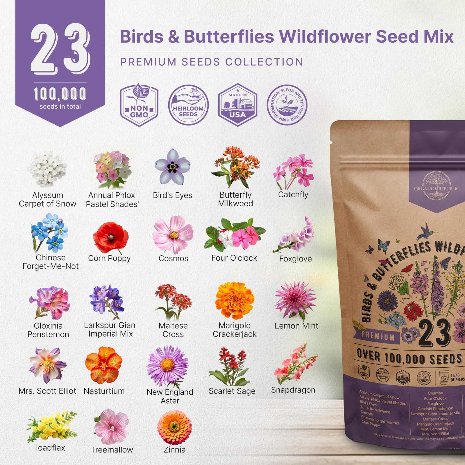 Organo 23 Birds & Butterflies Wildflower Mix 4 oz, Red, Orange, Purple, Pink