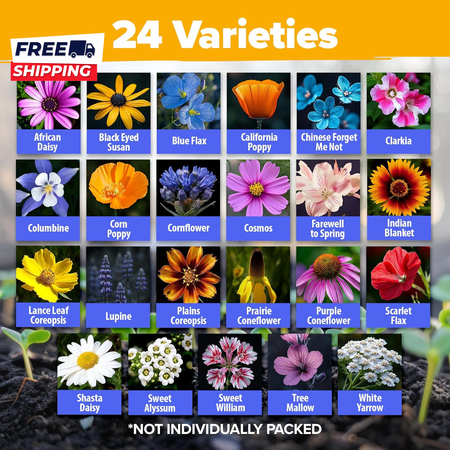 90,000+ Wildflower Seeds Mix 3Oz 24 Varieties Non-Gmo Perennial Flower Seeds