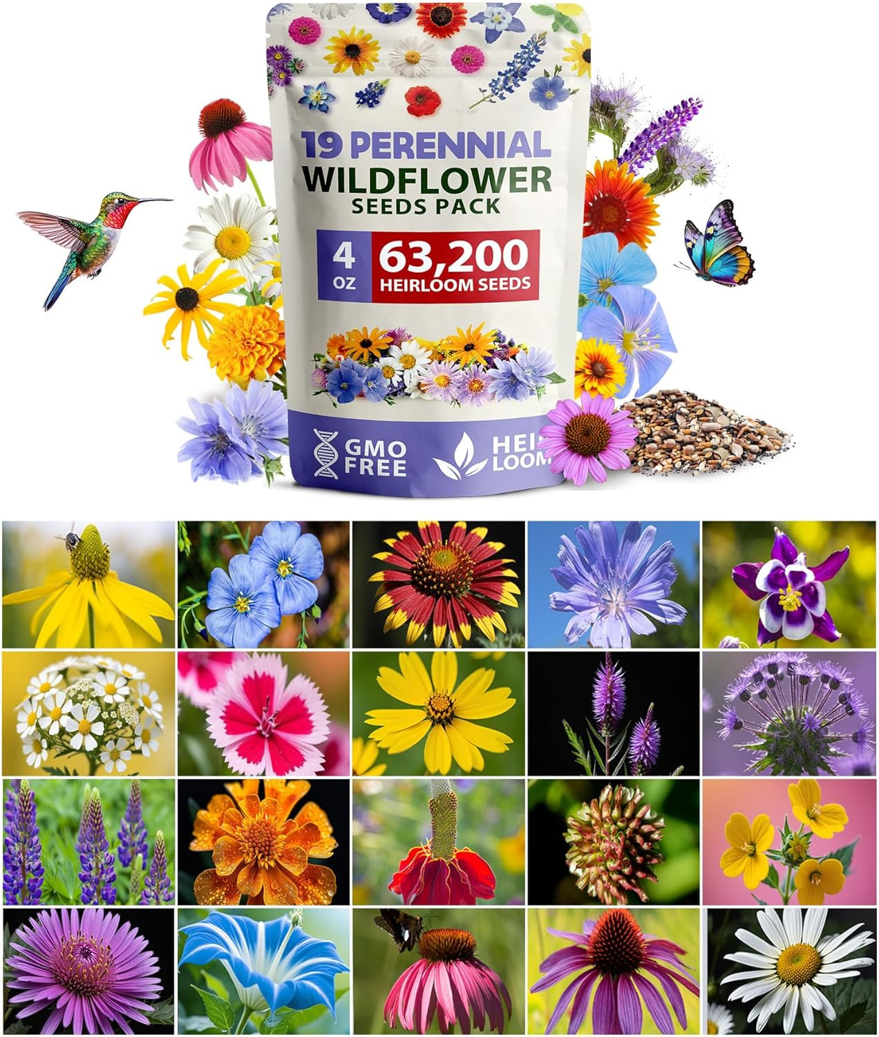 Bulk Wildflower Seeds Mix – 63,200+ Non-GMO Perennial Butterfly & Pollinator