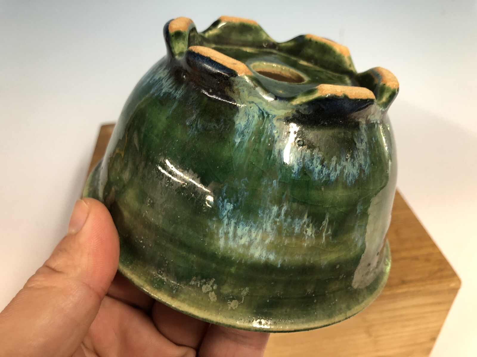Green Blue Round Glazed Shohin Size Bonsai Tree Pot Fugushige Bushuan 5”