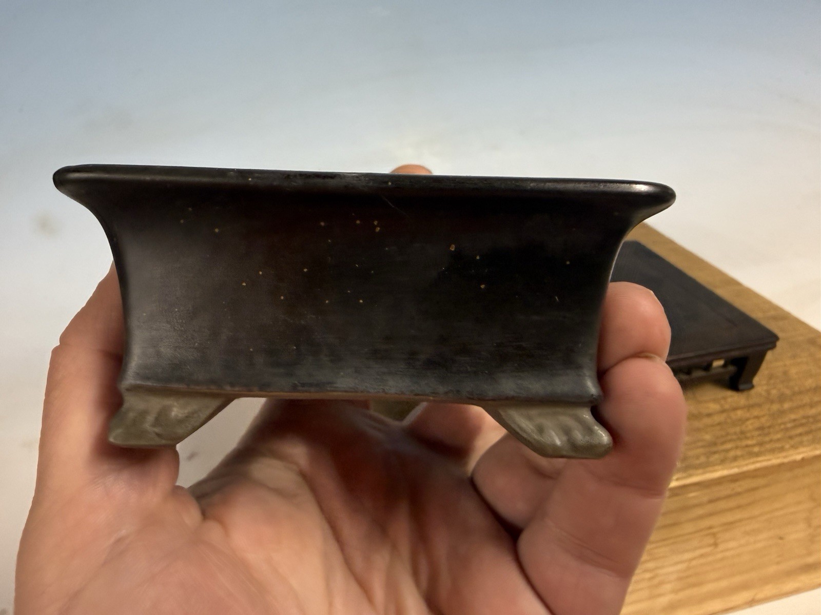 Japanese Unknown Maker Shohin Bonsai Tree Pot 3 7/8” Dark Blue Glazed