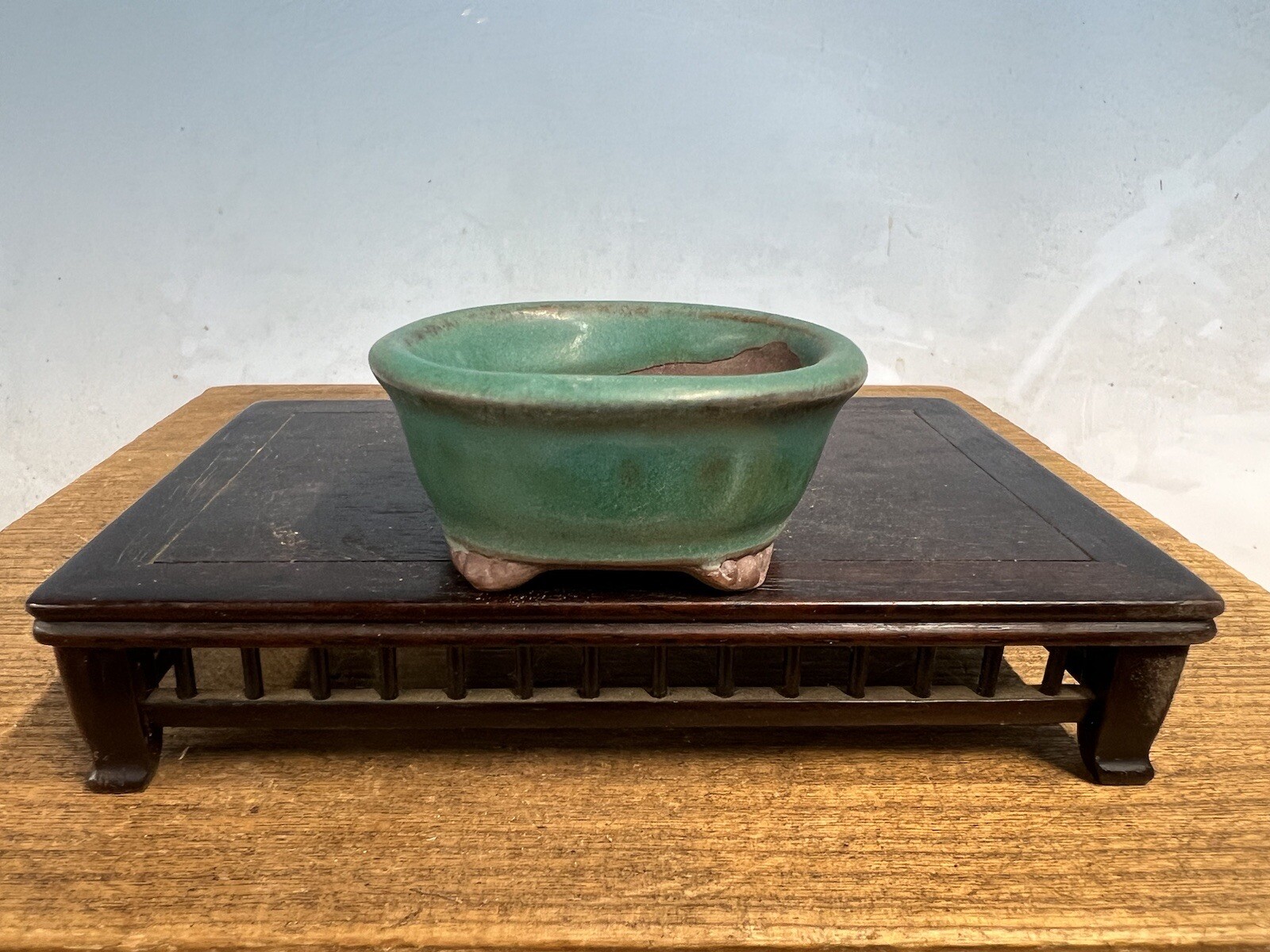 Blue Green Glazed Shohin Sized Bonsai Tree Pot Made By Tosui 2 1/2”