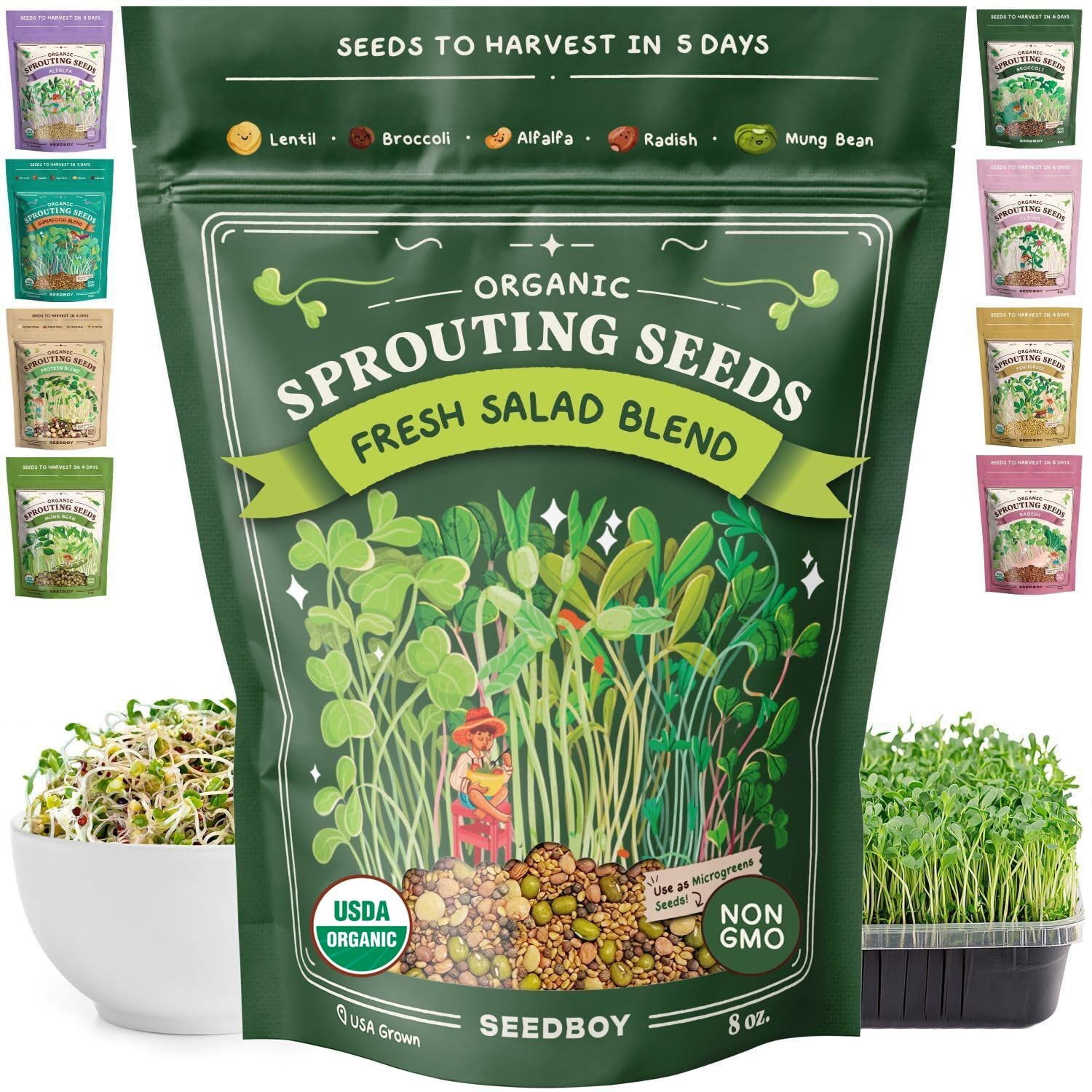 Organic Non-GMO Sprouting Seeds, Fresh Salad Blend – USA Grown Microgreens Mi…