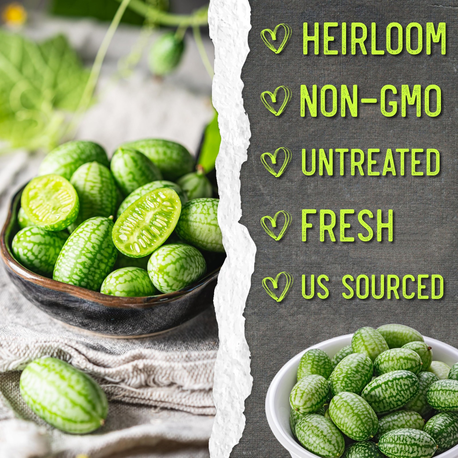 Cucamelon Seeds Grow Mexican Sour Gherkin Miniature Melons NonGMO &