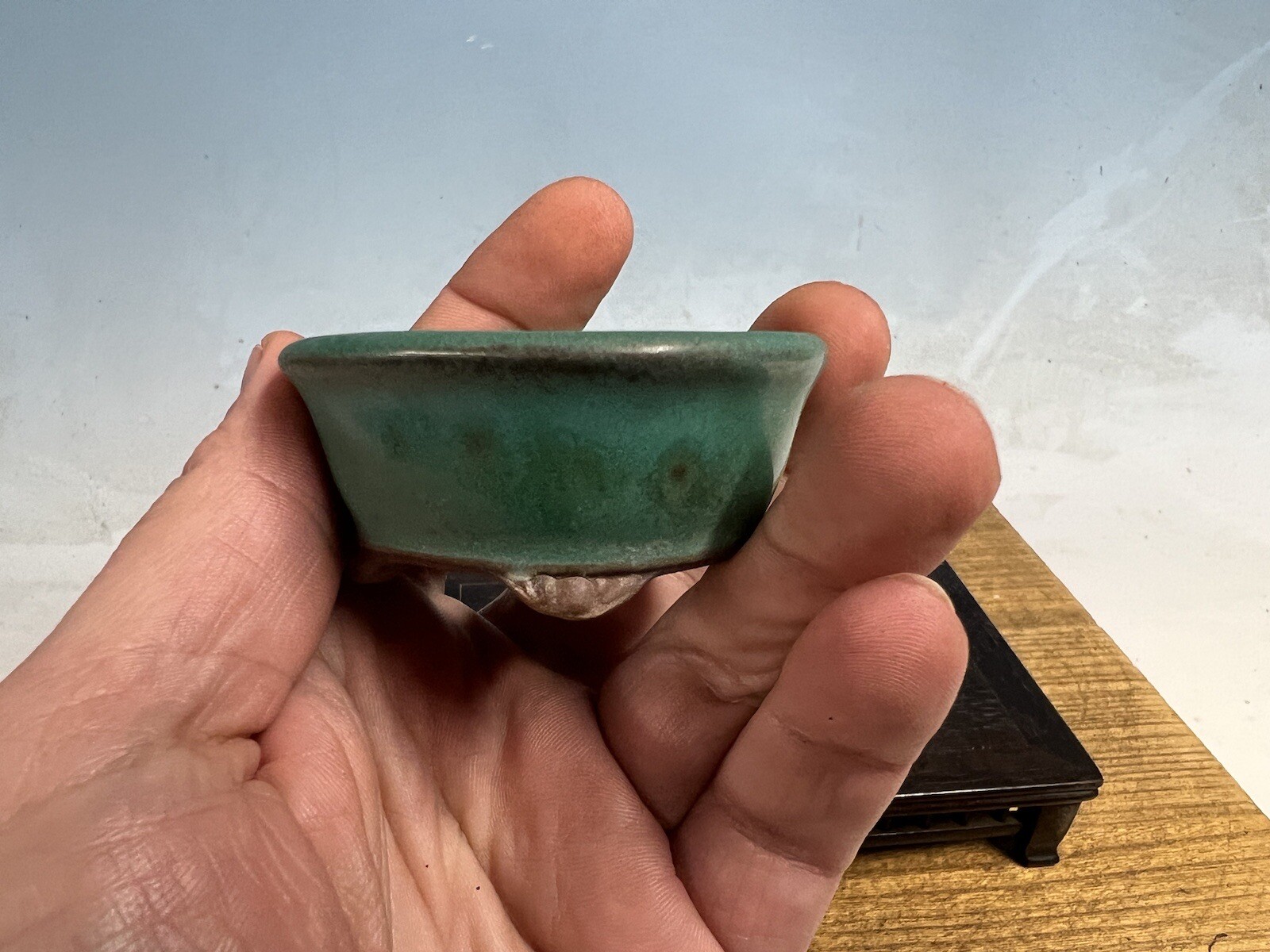 Blue Green Glazed Shohin Sized Bonsai Tree Pot Made By Tosui 2 1/2”