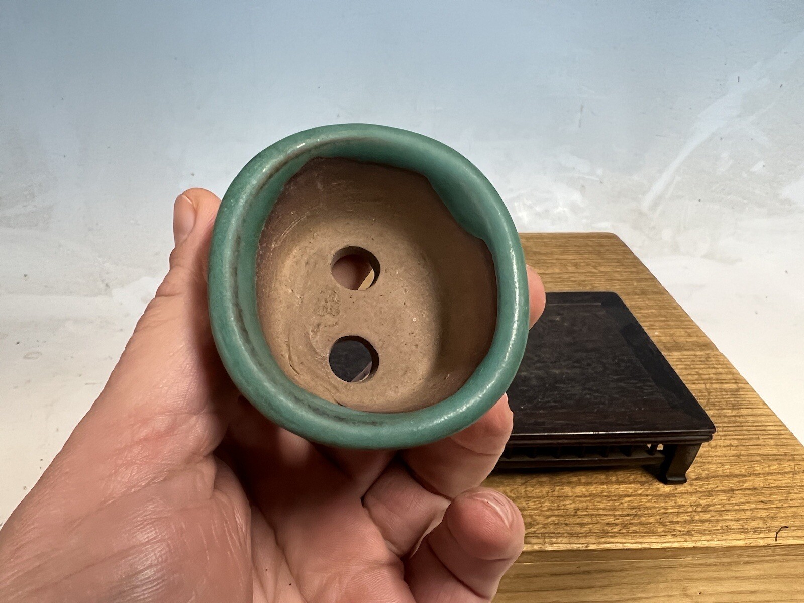 Blue Green Glazed Shohin Sized Bonsai Tree Pot Made By Tosui 2 1/2”