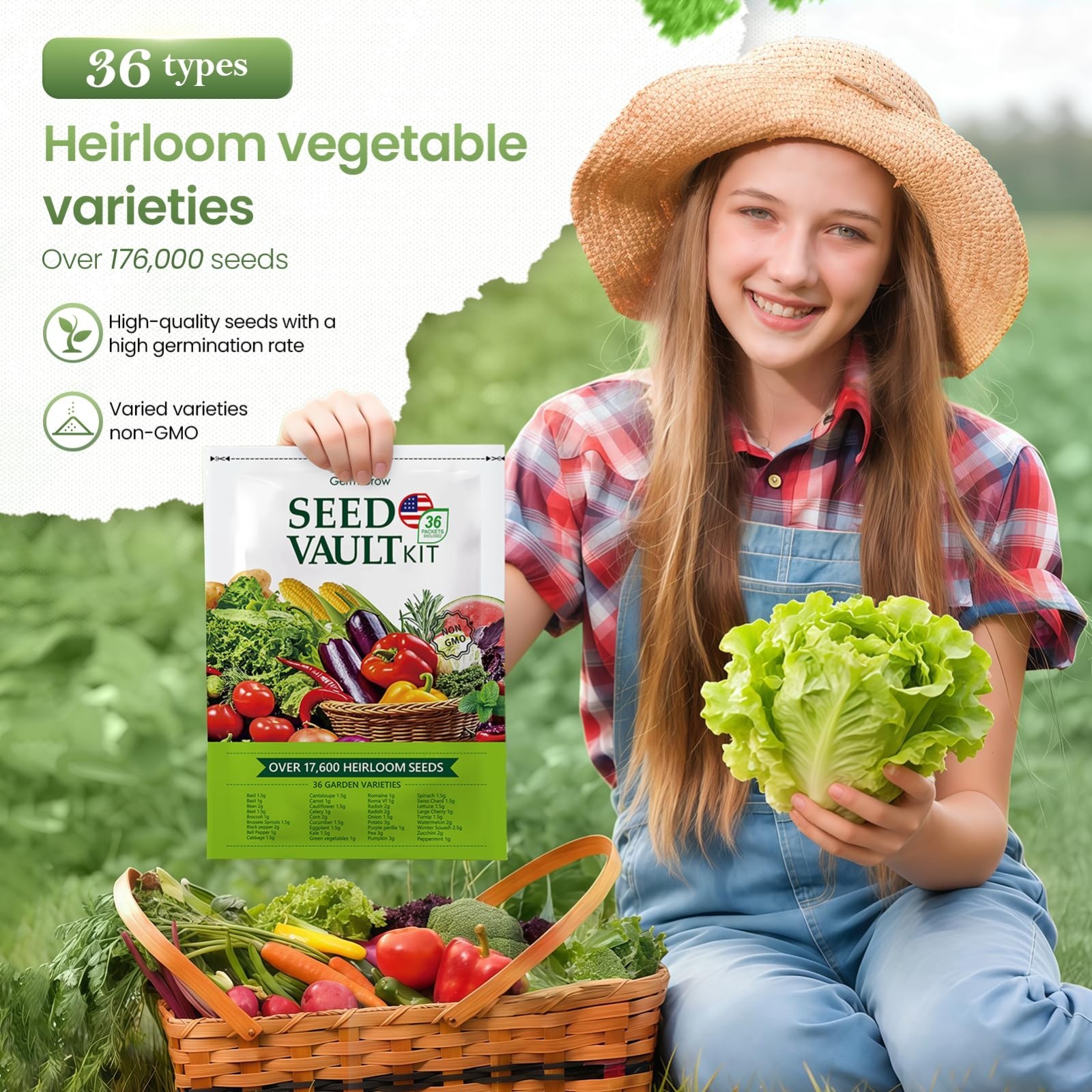 36 Vegetable Variety Pack – 17,600+ Non-GMO Heirloom Seeds for Indoor/Outdoor Ga