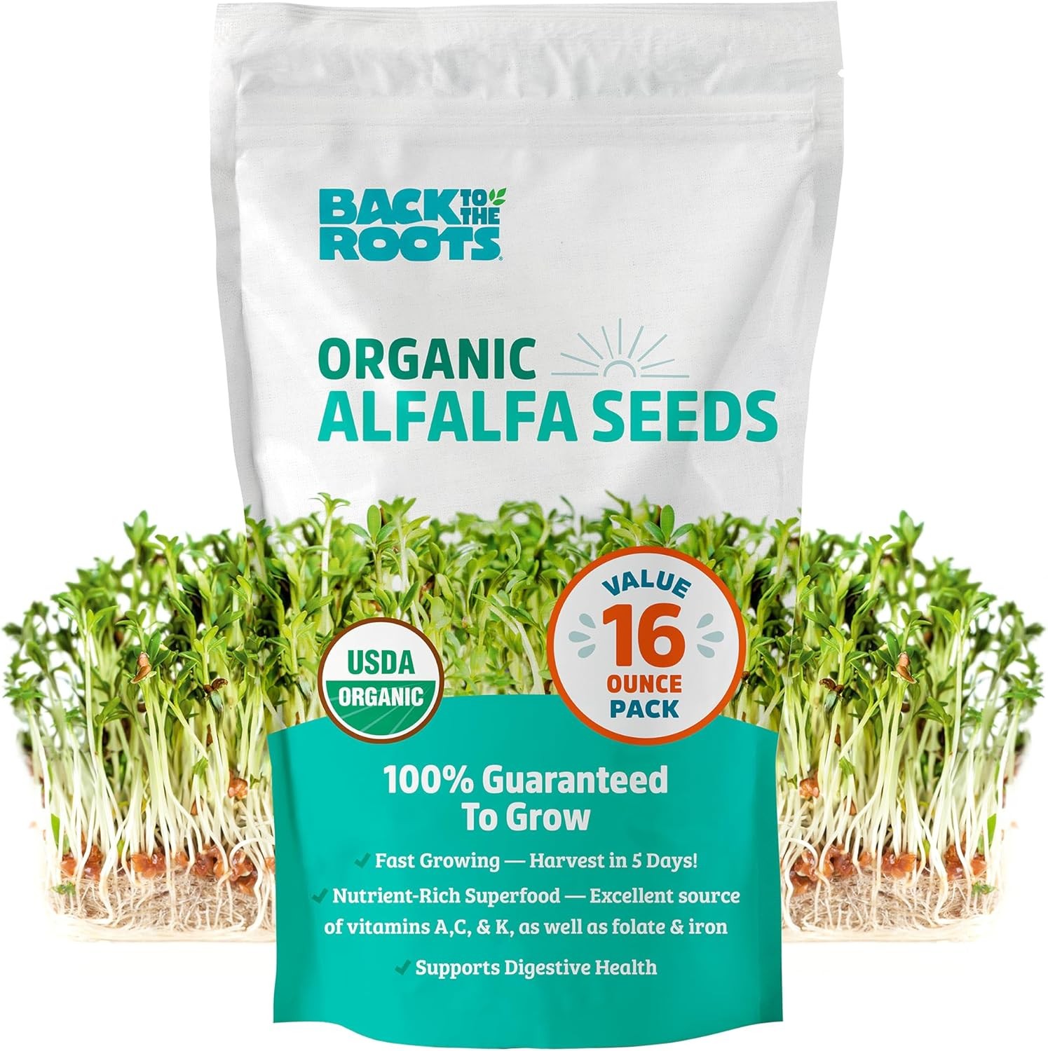 Back to the Roots 100% Organic Alfalfa Seeds | 1 Pound Non-GMO | Nutrient Dense,