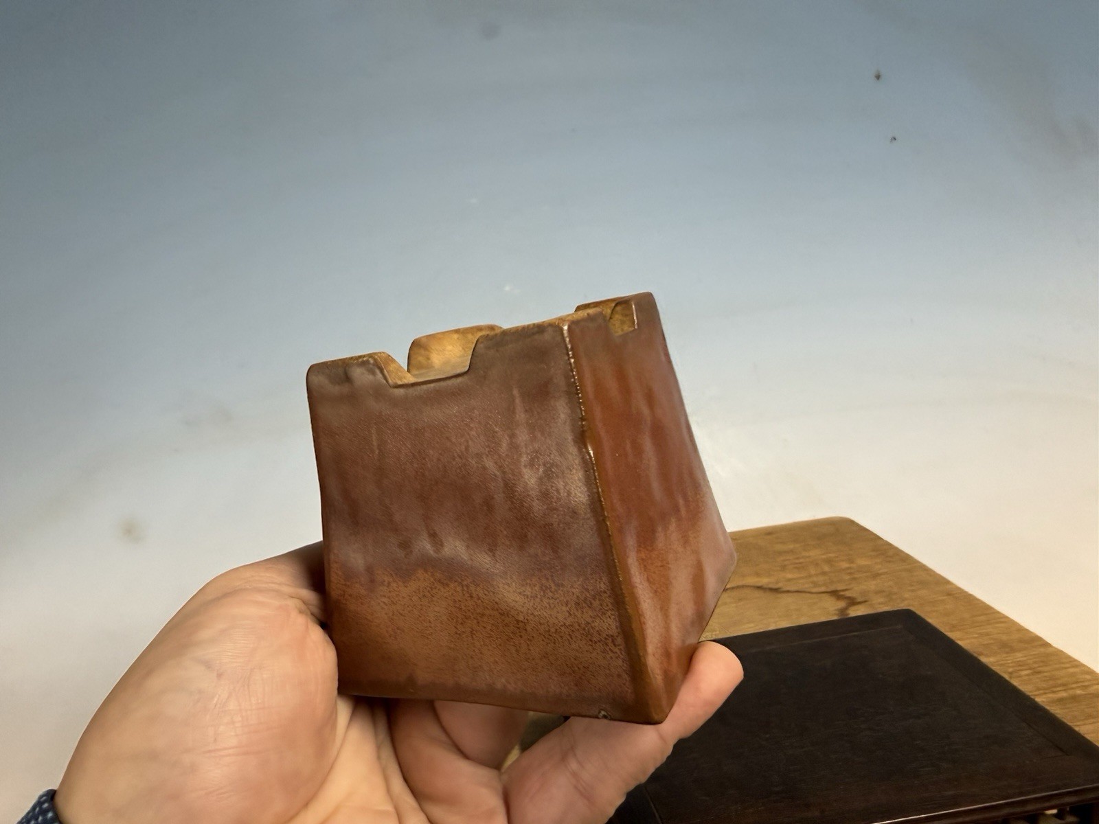 Japanese Unknown Maker Shohin Sized Bonsai Tree Pot 3 1/4 By 3” Red Glazed Semi