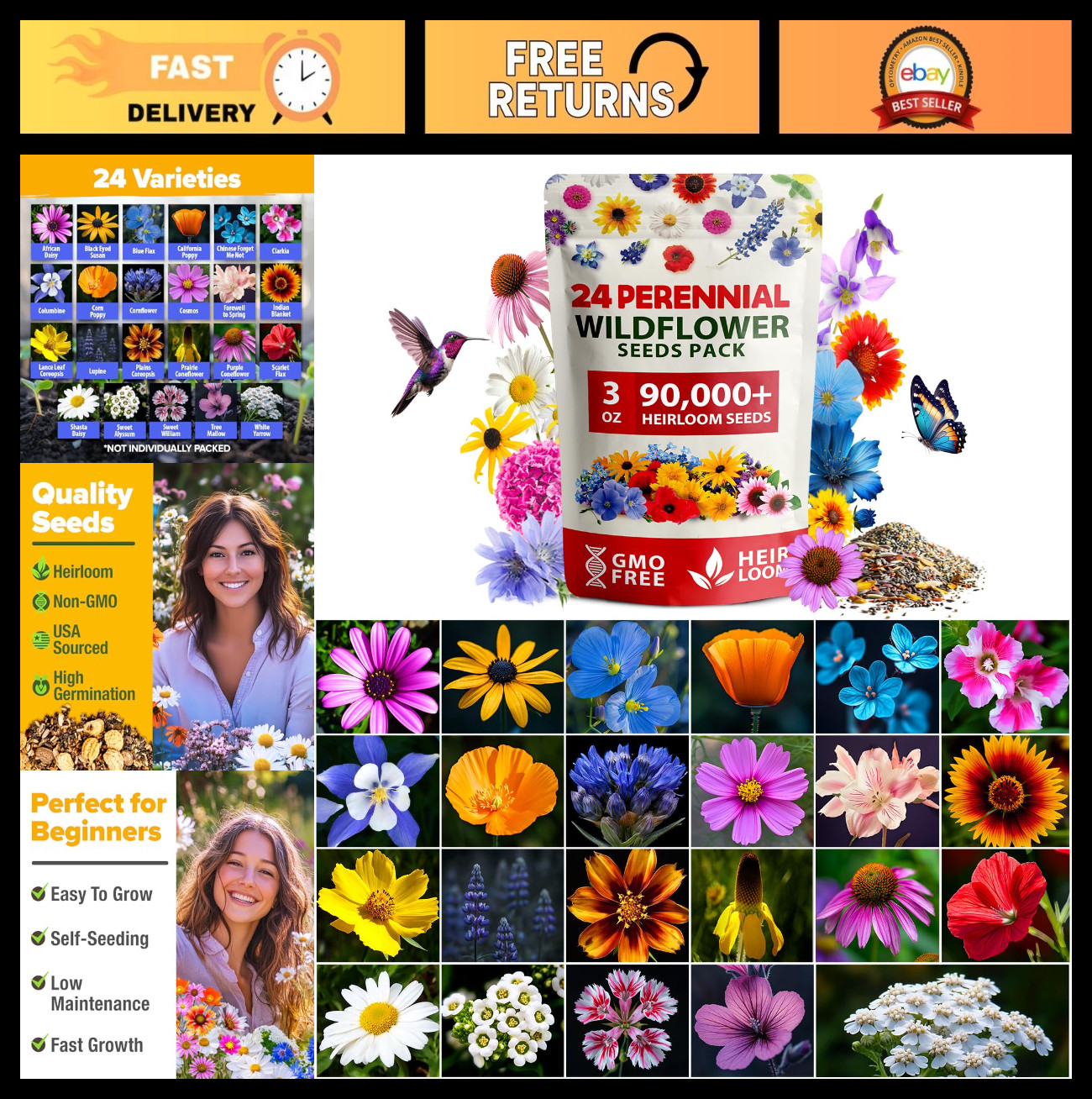 90,000+ Wildflower Seeds Mix – 3oz, 24 Varieties, Non-GMO Perennial, Attracts Be