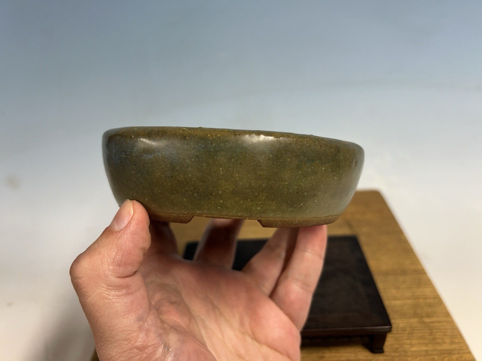 Green Blue Glazed Shohin Size Tokoname Bonsai Tree Pot Yozan 5 5/8” Great Patina
