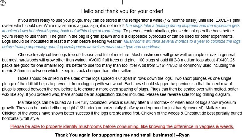 Lion’s Mane Mushroom Plug Spawn 100X – FREE USA shipping