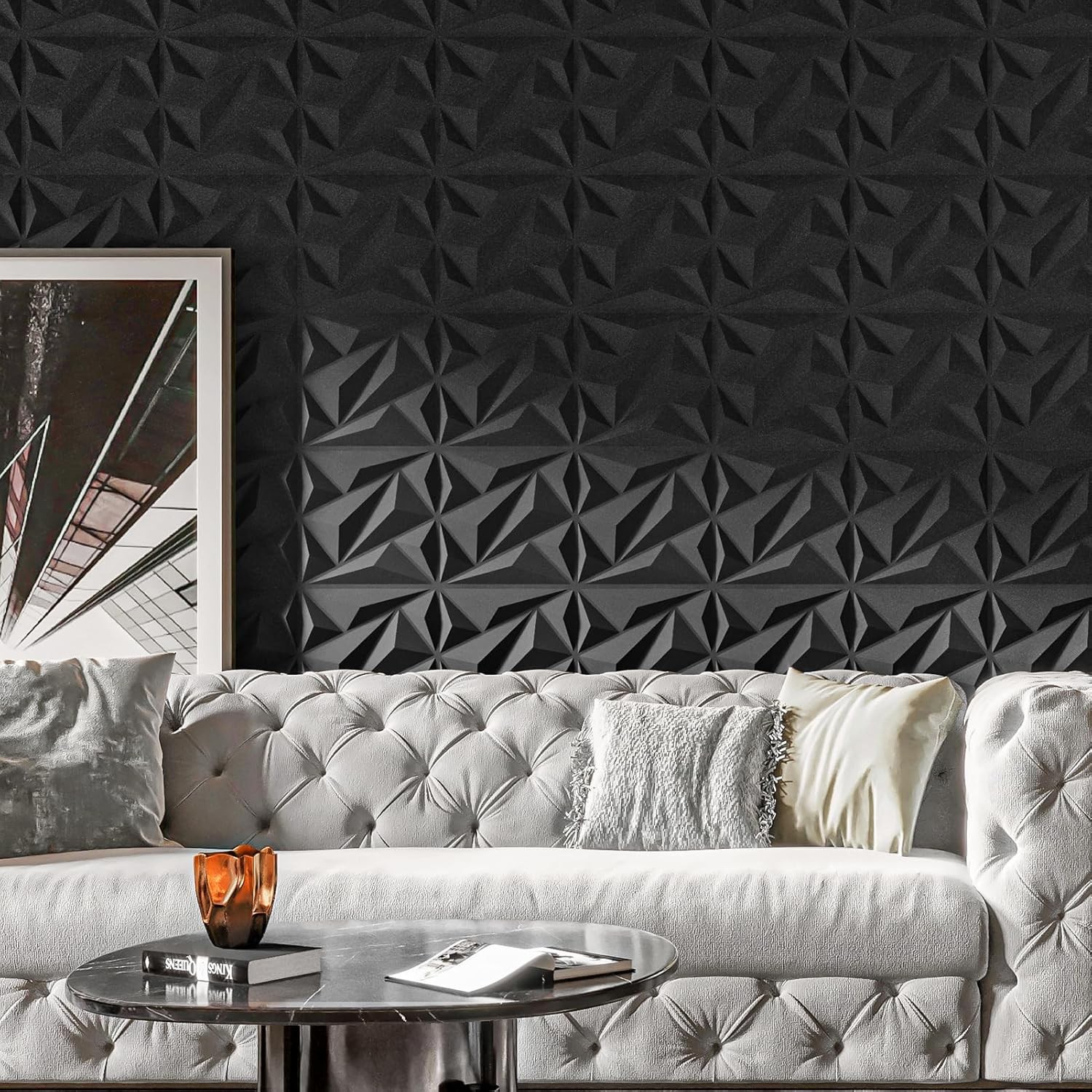 3D Wall Panels Diamond Textured 33 Pack Black 12×12 32 Sq Ft