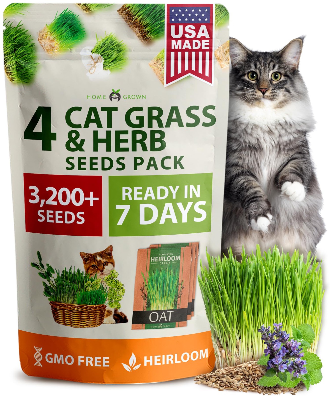 Home Grown 3200+ Indoor Cat Grass Refill – Non-GMO USA Grown Catnip, Oat & Al…