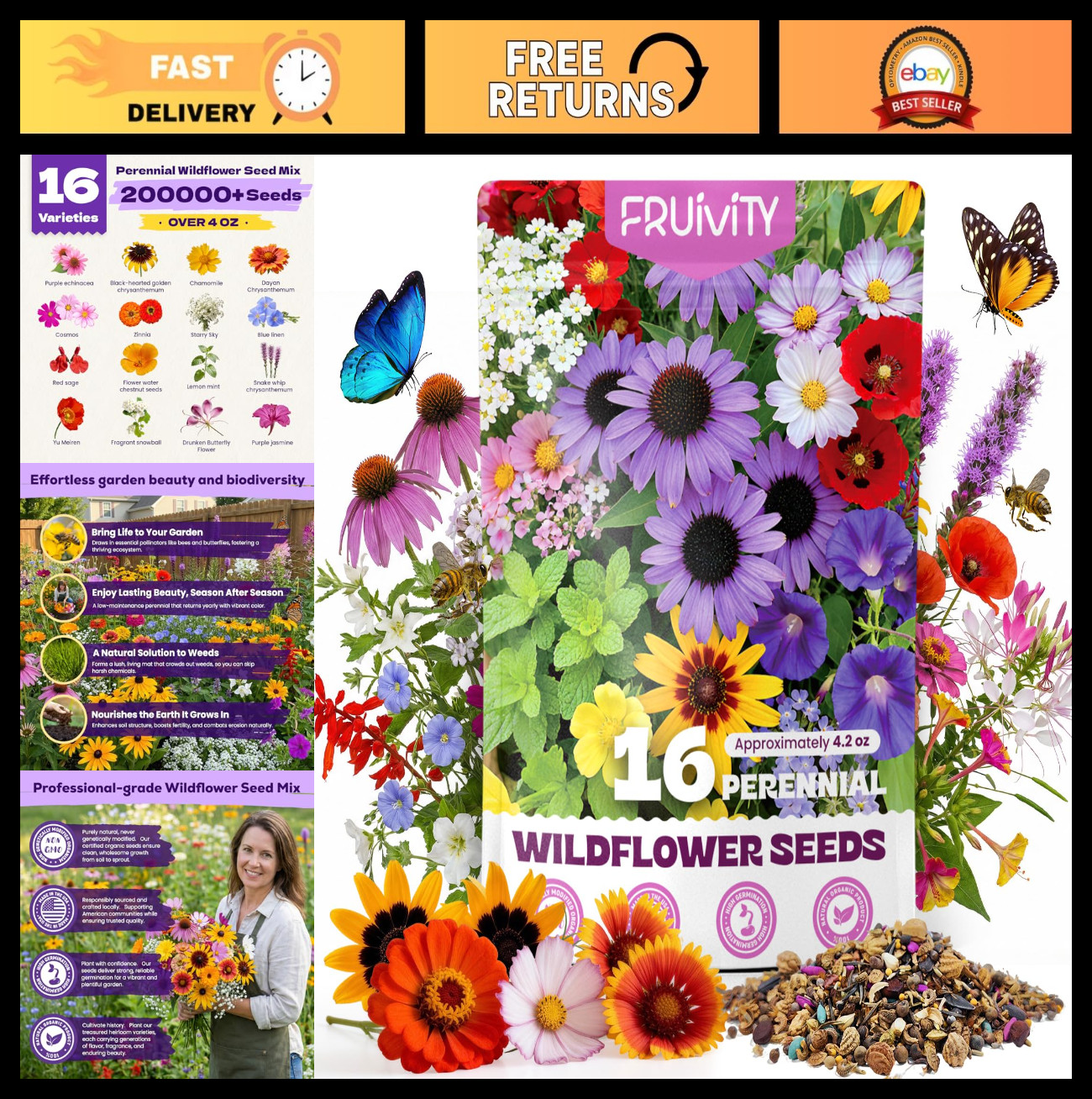 200,000+ Wildflower Seeds Bulk 4oz – 16 Varieties Perennial & Annual Mix, Attrac