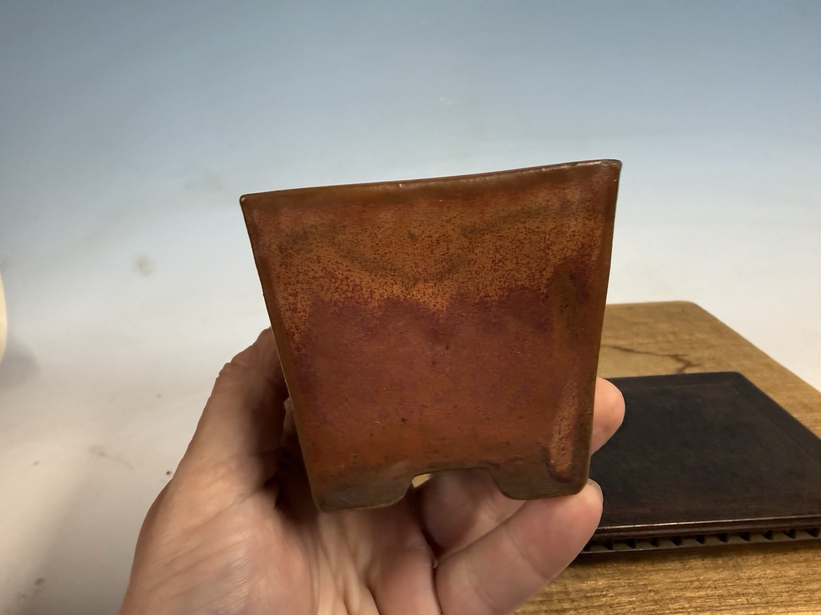 Japanese Unknown Maker Shohin Sized Bonsai Tree Pot 3 1/4 By 3” Red Glazed Semi