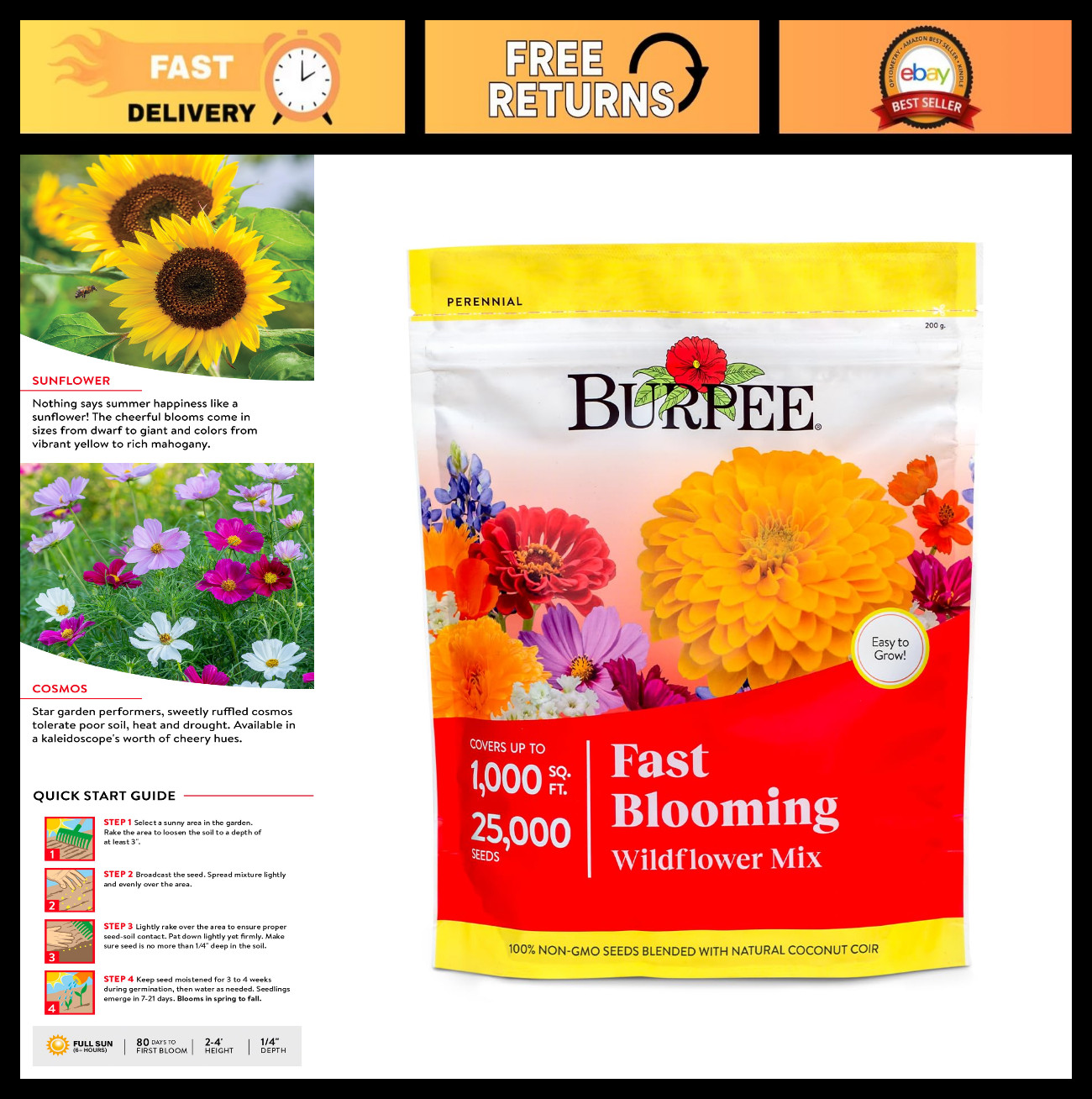 25,000 Non-GMO Wildflower Seed Mix – 14 Easy Grow Varieties for Home Garden