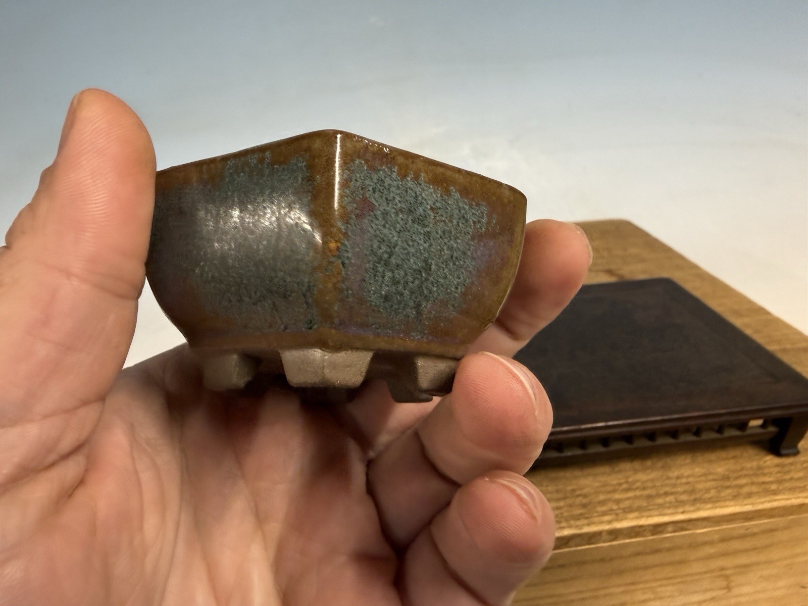 Japanese Unknown Maker Shohin Sized Bonsai Tree Pot 3 By 1 3/8” Unique 6 Sided