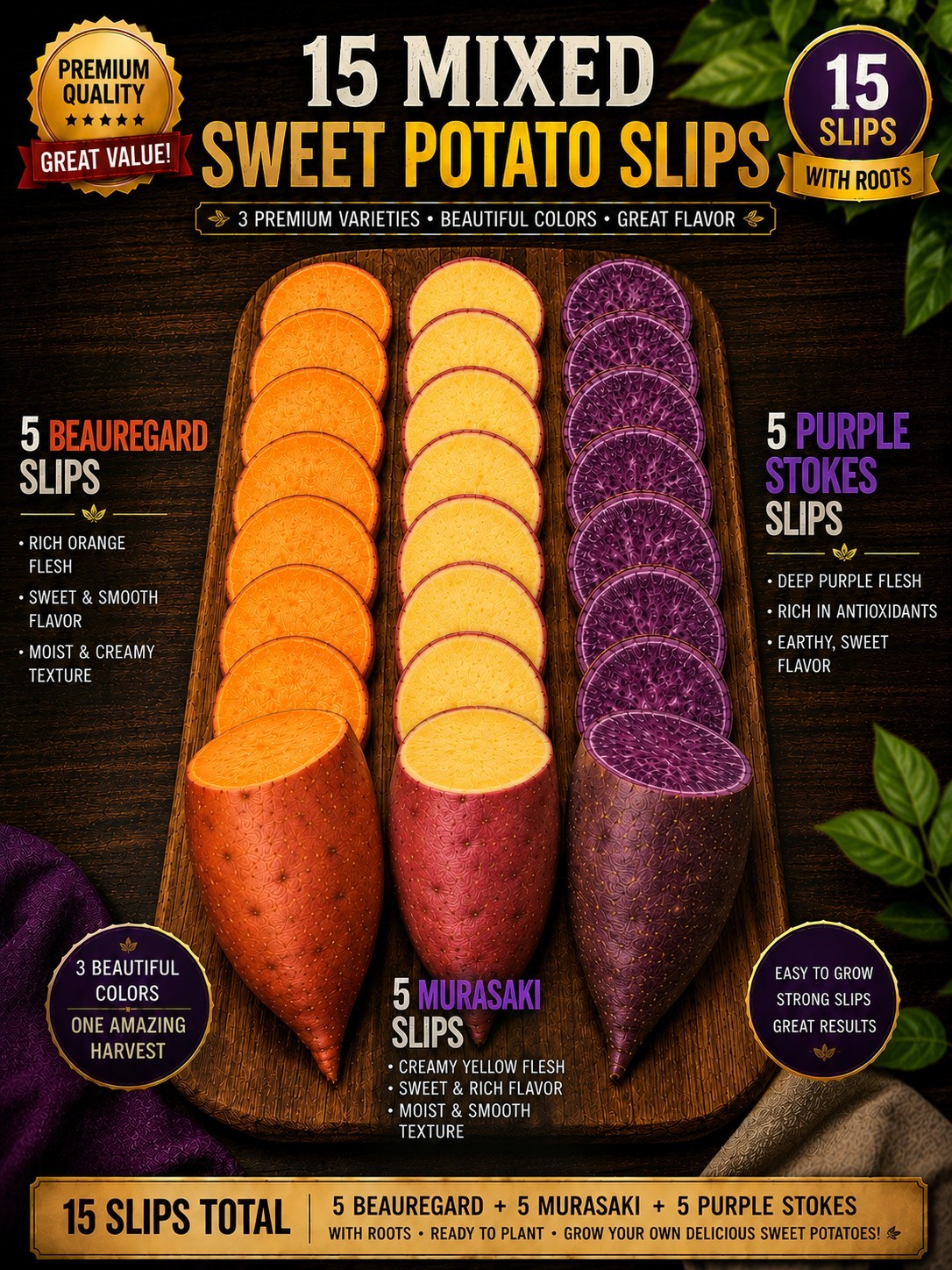 15 Mixed Sweet Potato Slips Variety Beauregard, Murasaki, Purple Stokes Rooted