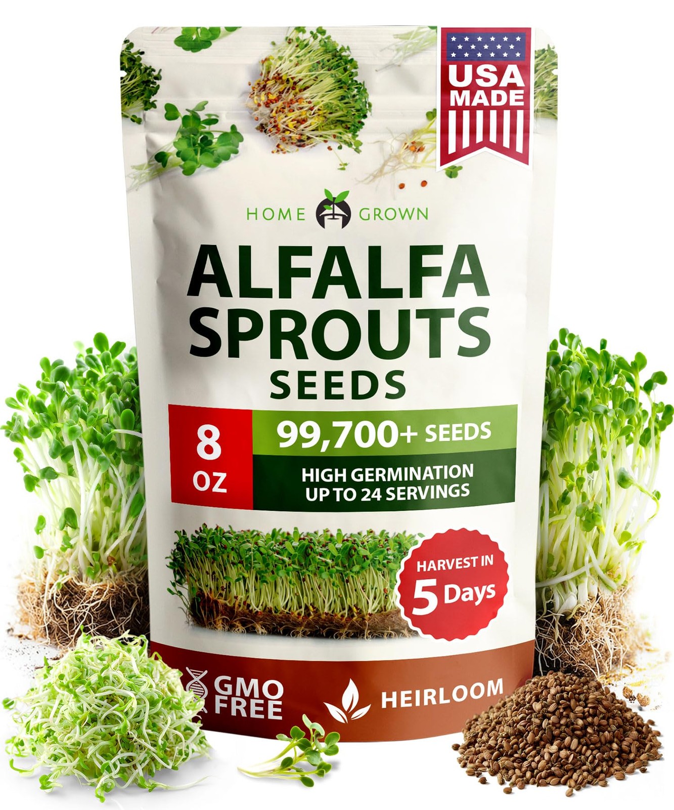 HOME GROWN Alfalfa Sprout Seeds 8 oz Bulk Heirloom Non-GMO, USA 1-Pack, Green