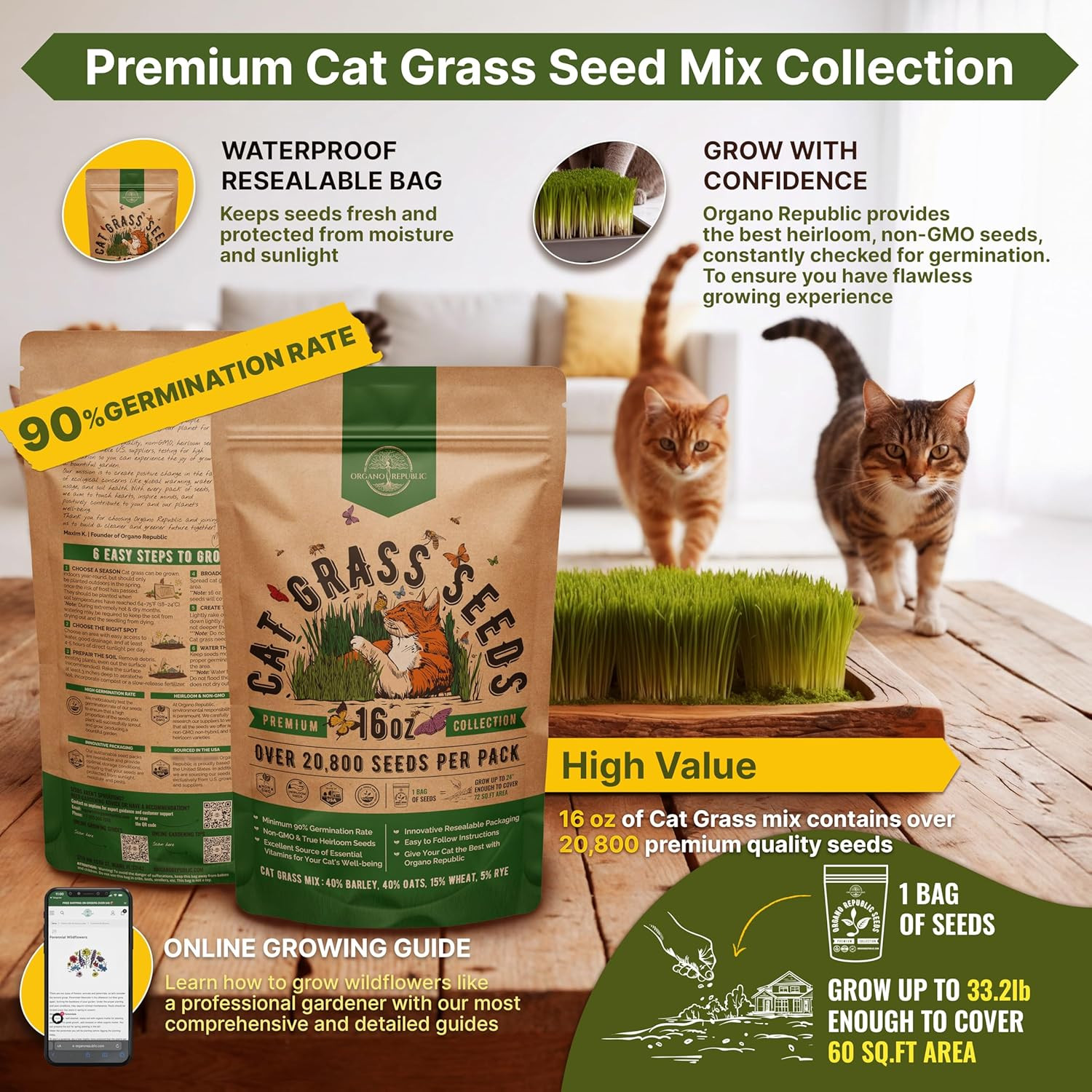 Cat Grass Seeds Mix 16oz – 20,800 Non-GMO Barley, Oat, Rye & Wheat Seeds for Pet