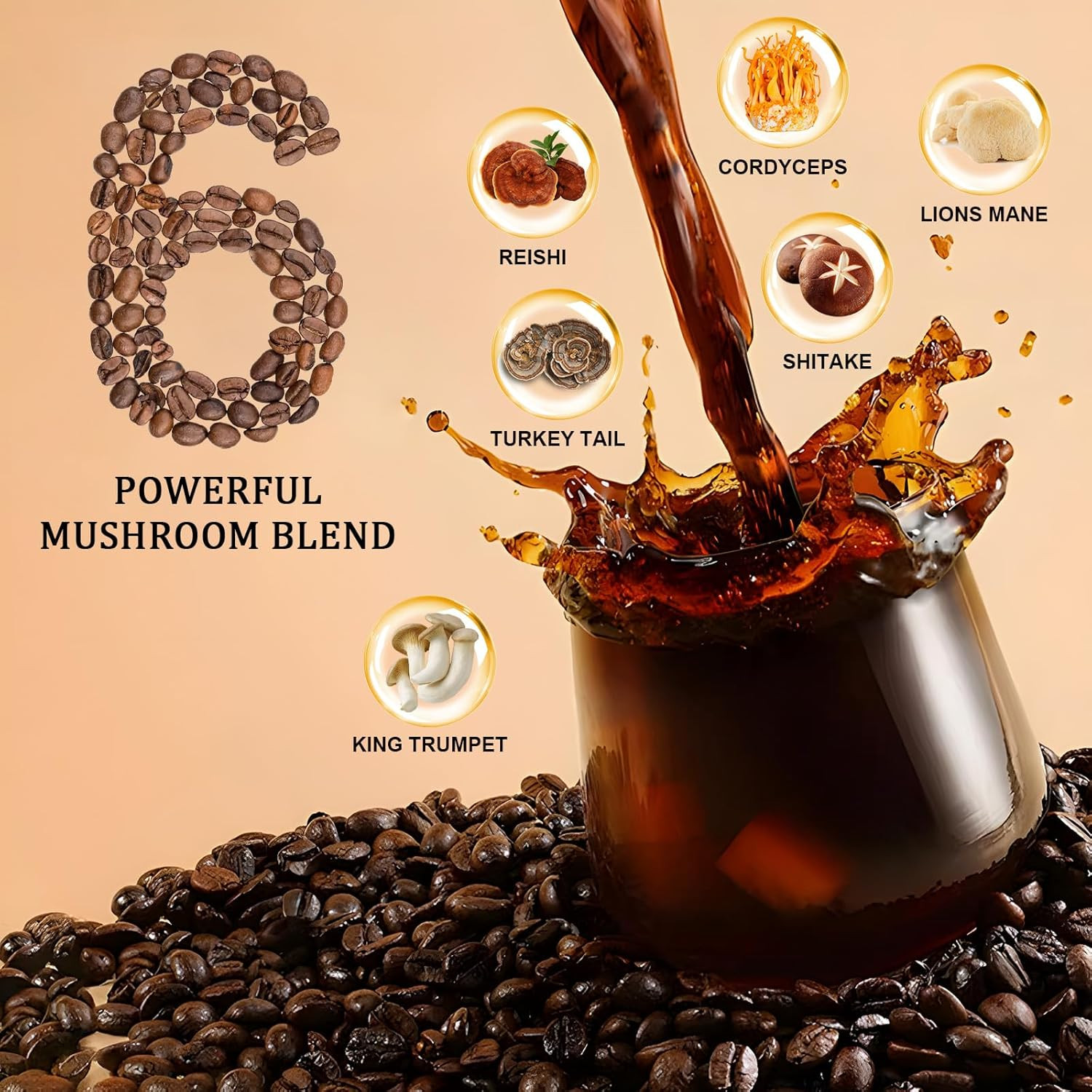 Mushroom Coffee, Adaptogenic 6 Mushrooms with Lion’S Mane, Reishi, Cordyceps, Sh