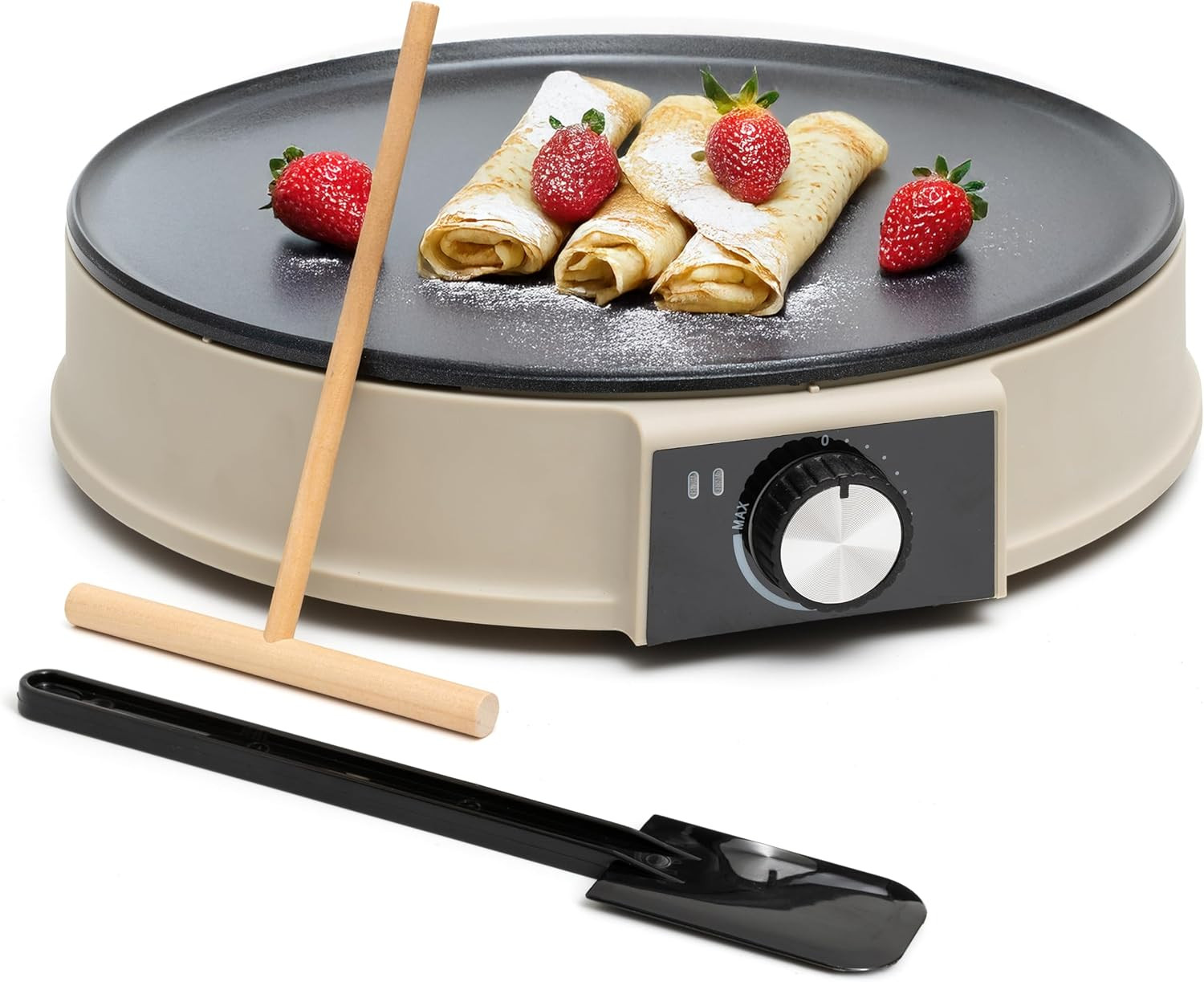Crepera electrica de 12 pulgadas beige con control temperatura y accesorios